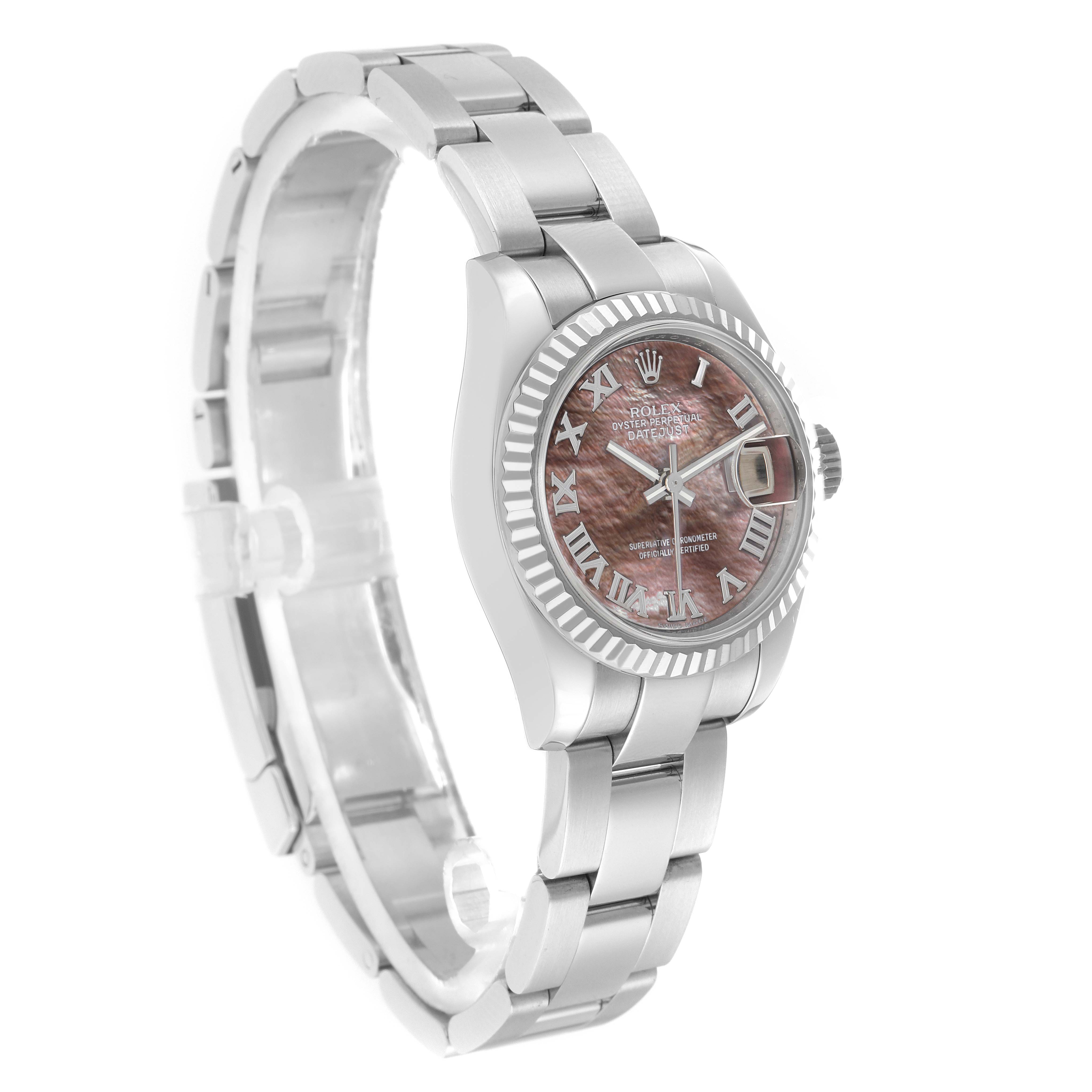 The Rolex Datejust 179174 Men
s Stainless Steel Mother of Pearl Dial is shown at a slight angle, highlighting the dial, bezel, crown, and a part of the bracelet.