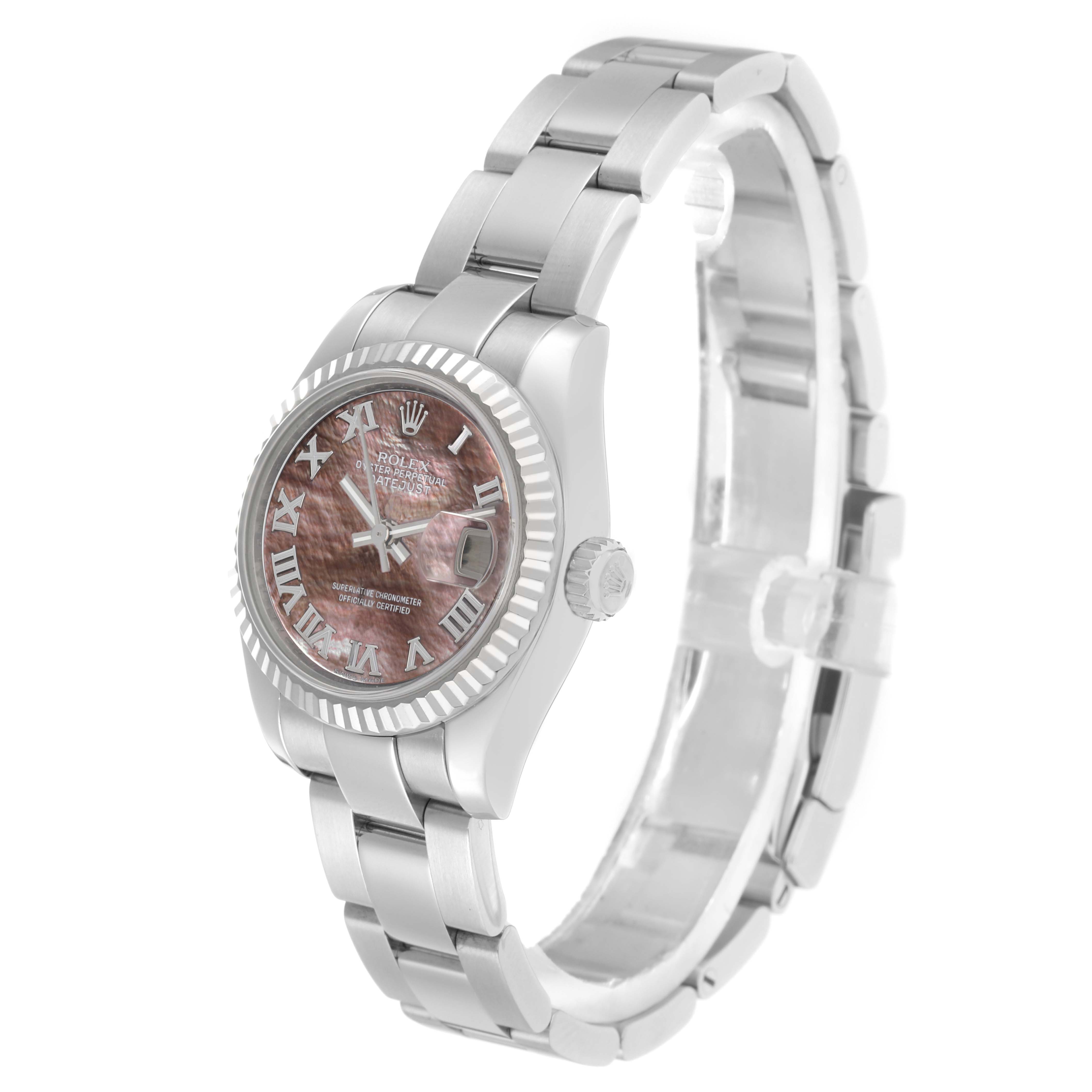 The Rolex Datejust 179174 Men
s Stainless Steel Mother of Pearl Dial watch is displayed at a three-quarter angle, showing the face, bezel, crown, and bracelet.