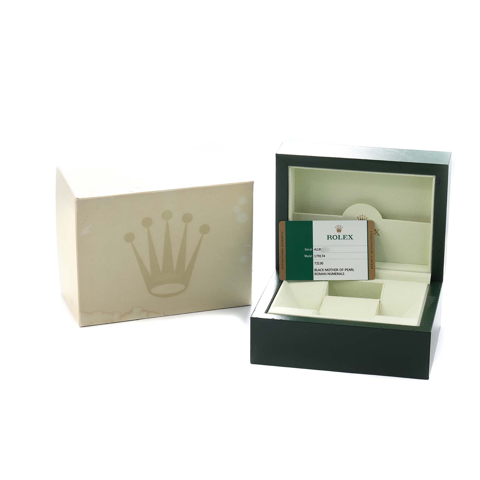 The image shows a Rolex Datejust 179174 Men
s Stainless Steel Mother of Pearl Dial watch box and card, with the outer box and inner presentation box visible.