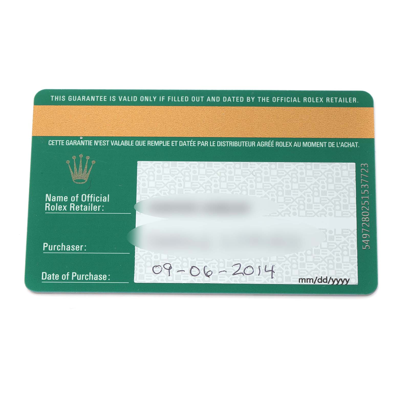 The image shows a warranty card for a Rolex Datejust 179174 Men
s Stainless Steel Mother of Pearl Dial, featuring retailer, purchaser details, and purchase date.