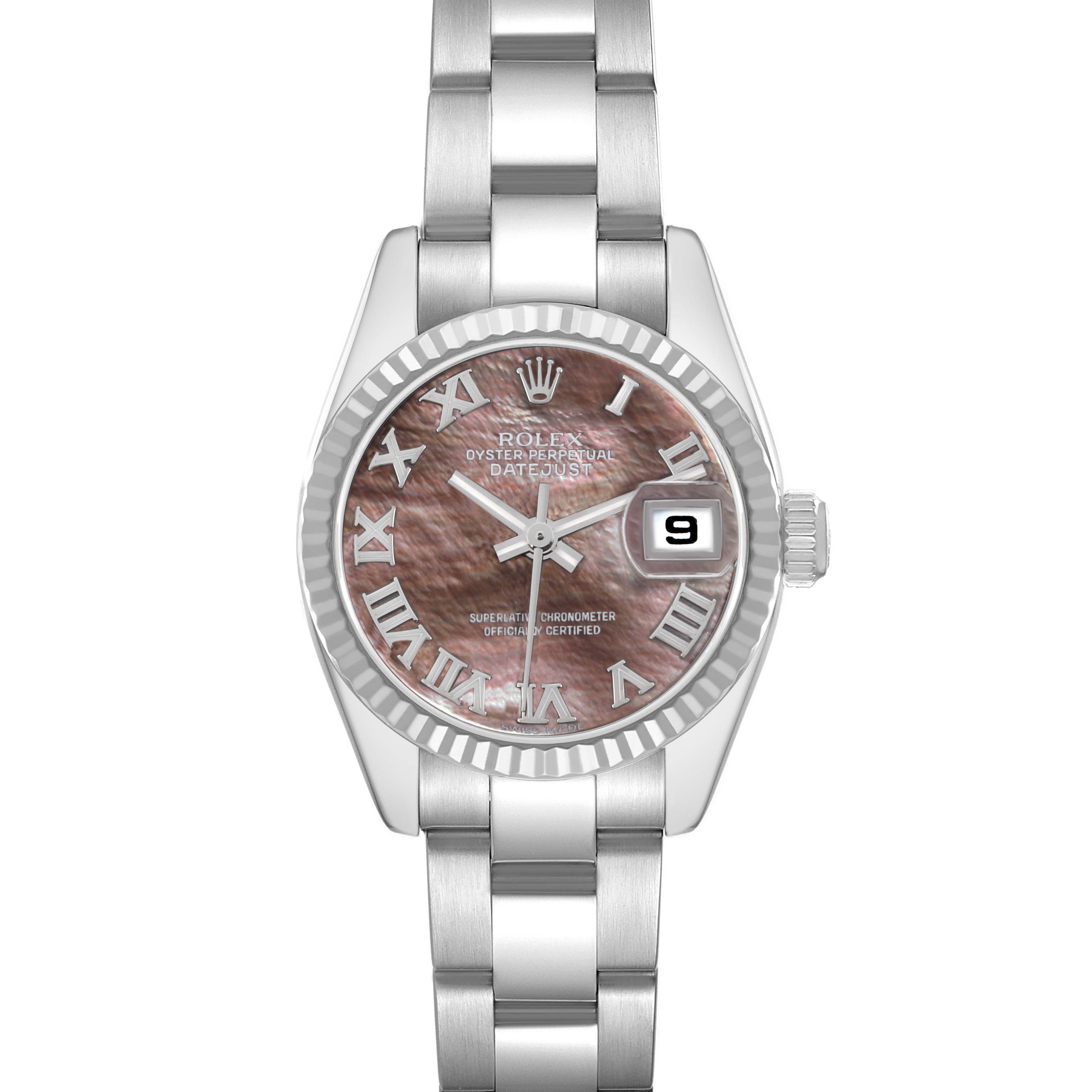The Rolex Datejust 179174 Men
s Stainless Steel Mother of Pearl Dial watch is shown from a straight-on angle, displaying its face, bezel, and bracelet.