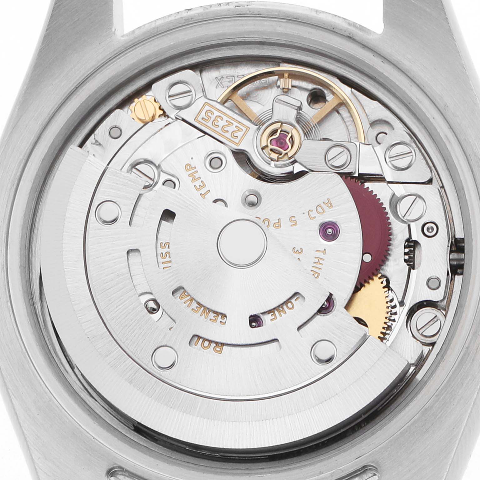 The image shows the back of a Rolex Datejust 179174 Men
s Stainless Steel Mother of Pearl Dial, displaying its intricate movement and rotor from a top-down angle.
