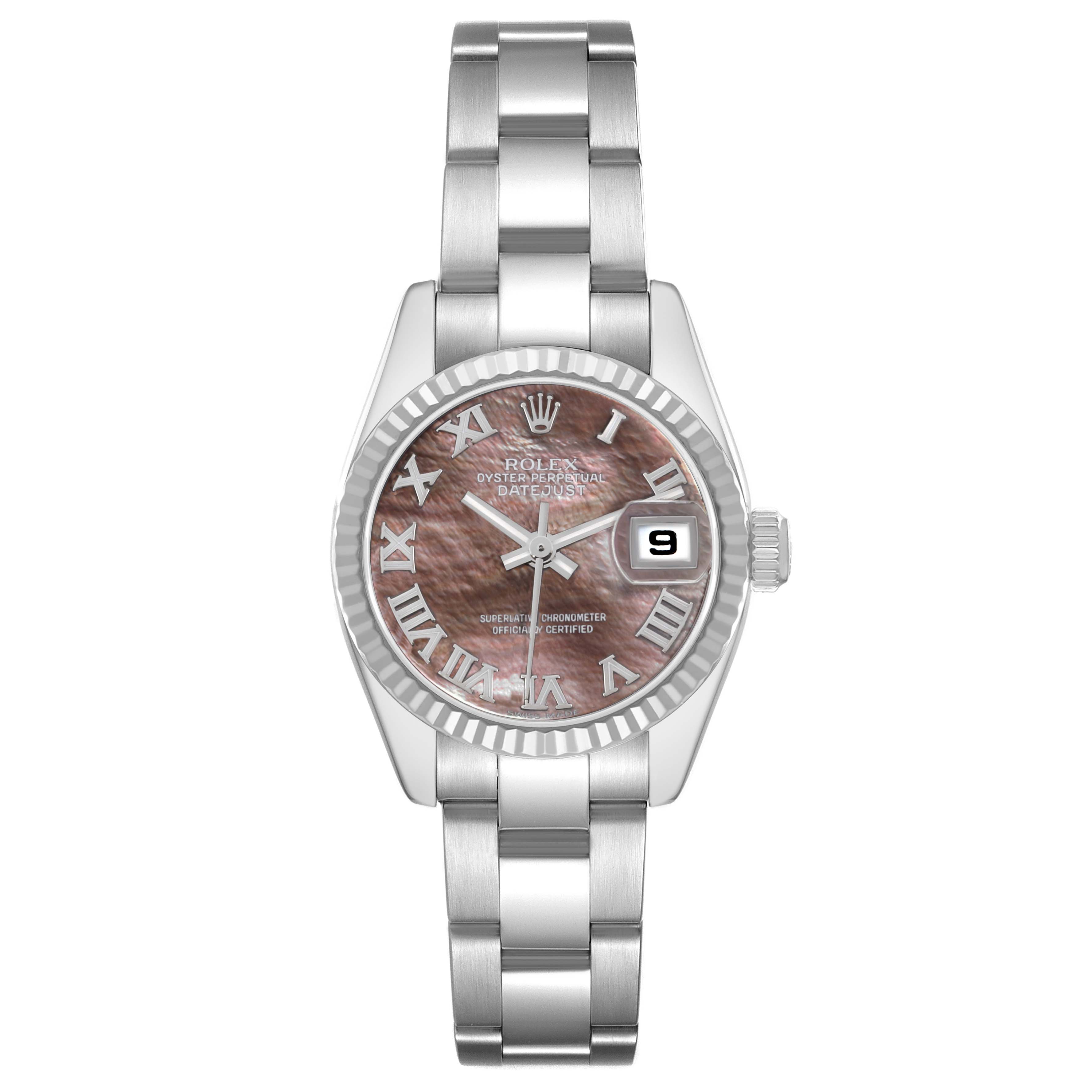The Rolex Datejust 179174 Men
s Stainless Steel Mother of Pearl Dial watch is shown from a top-down angle, highlighting the dial, bezel, bracelet, and crown.