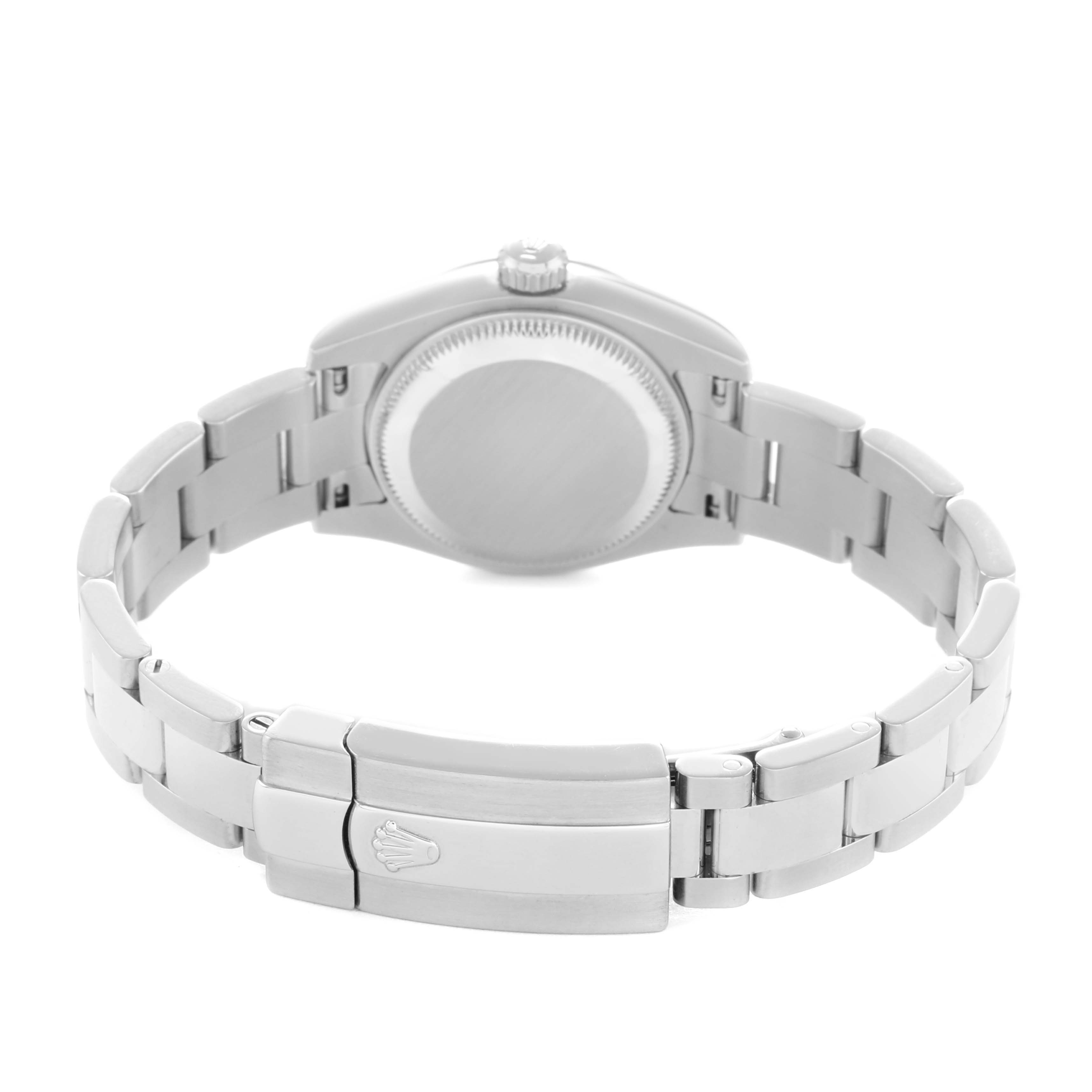 The image shows the Rolex Datejust 179174 Men
s Stainless Steel Mother of Pearl Dial watch from the back angle, highlighting the clasp, bracelet, and case back.