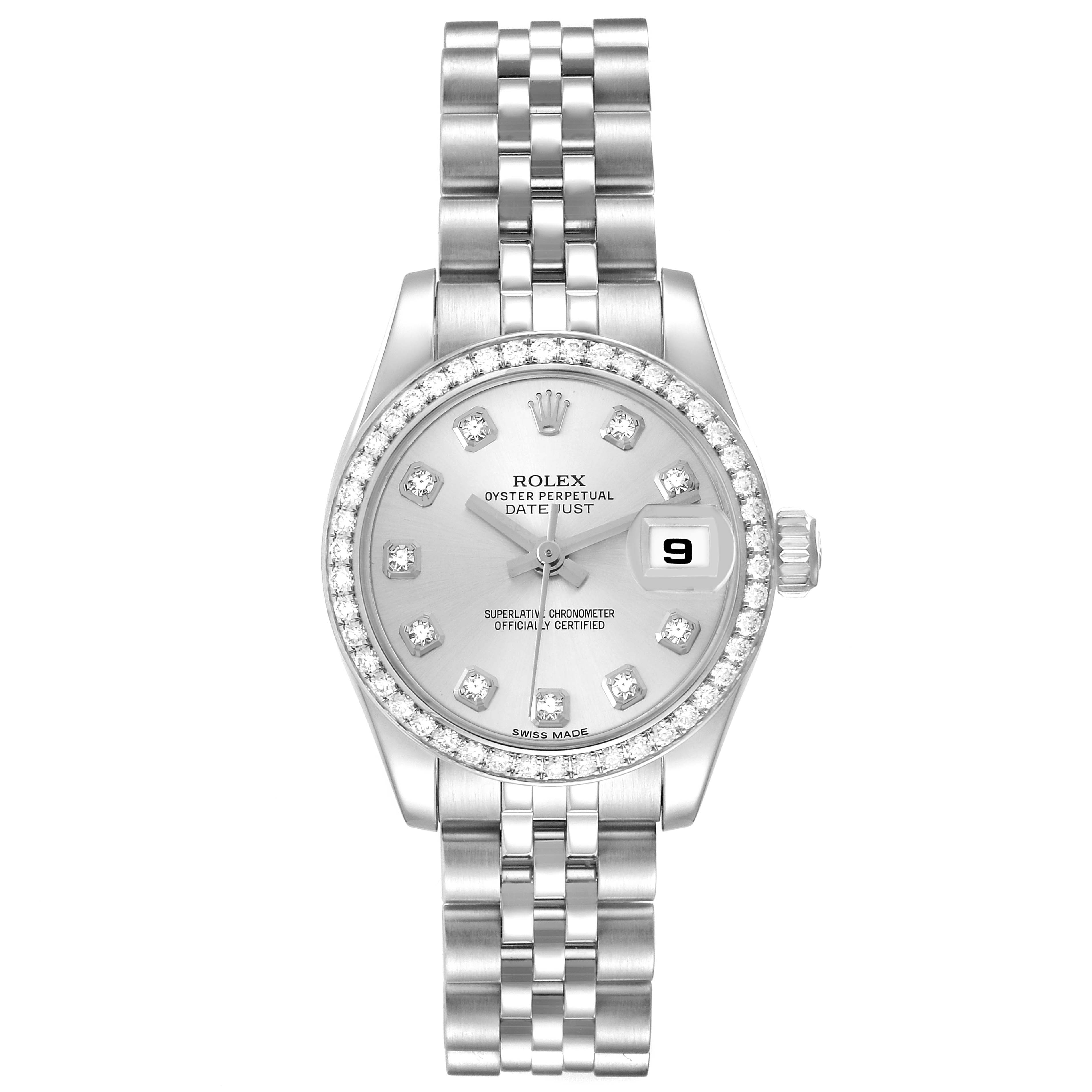 The Rolex Datejust 179384 Women
s Stainless Steel Silver Dial watch is shown from a top-down angle, highlighting the dial, bezel, bracelet, and crown.