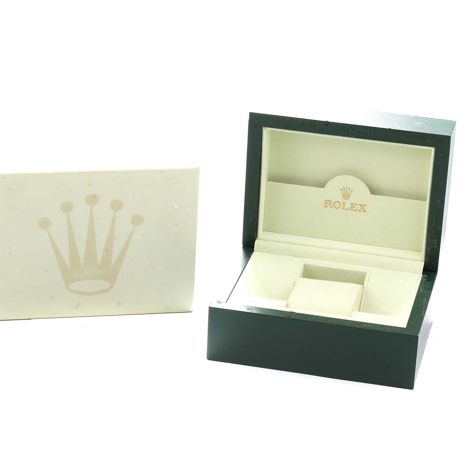 The image shows an open Rolex Datejust 179384 Women
s Stainless Steel Silver Dial box from an angled view, displaying the interior for holding the watch.