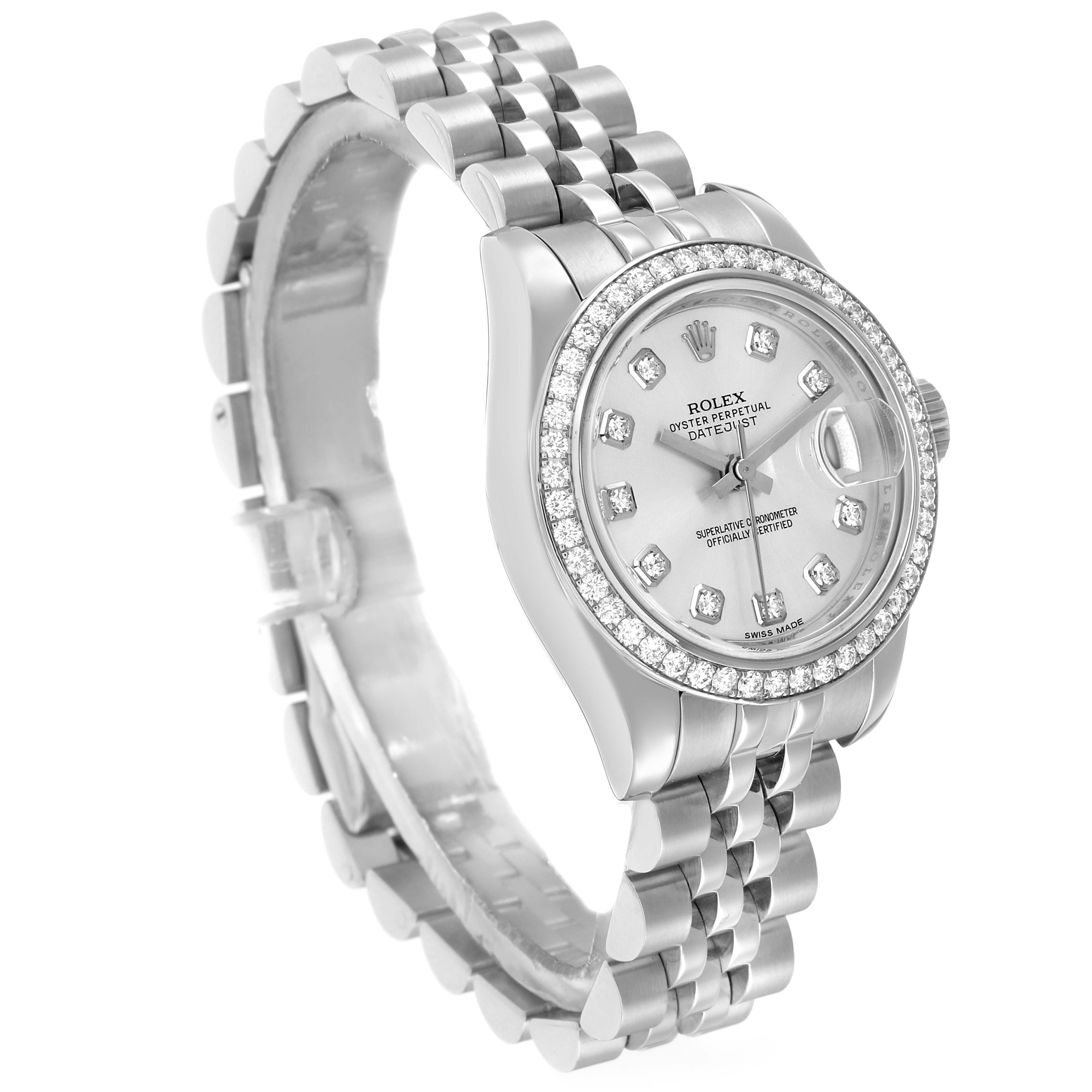 The Rolex Datejust 179384 Women
s Stainless Steel Silver Dial watch is shown at a three-quarter angle, highlighting the face, diamond bezel, and Jubilee bracelet.