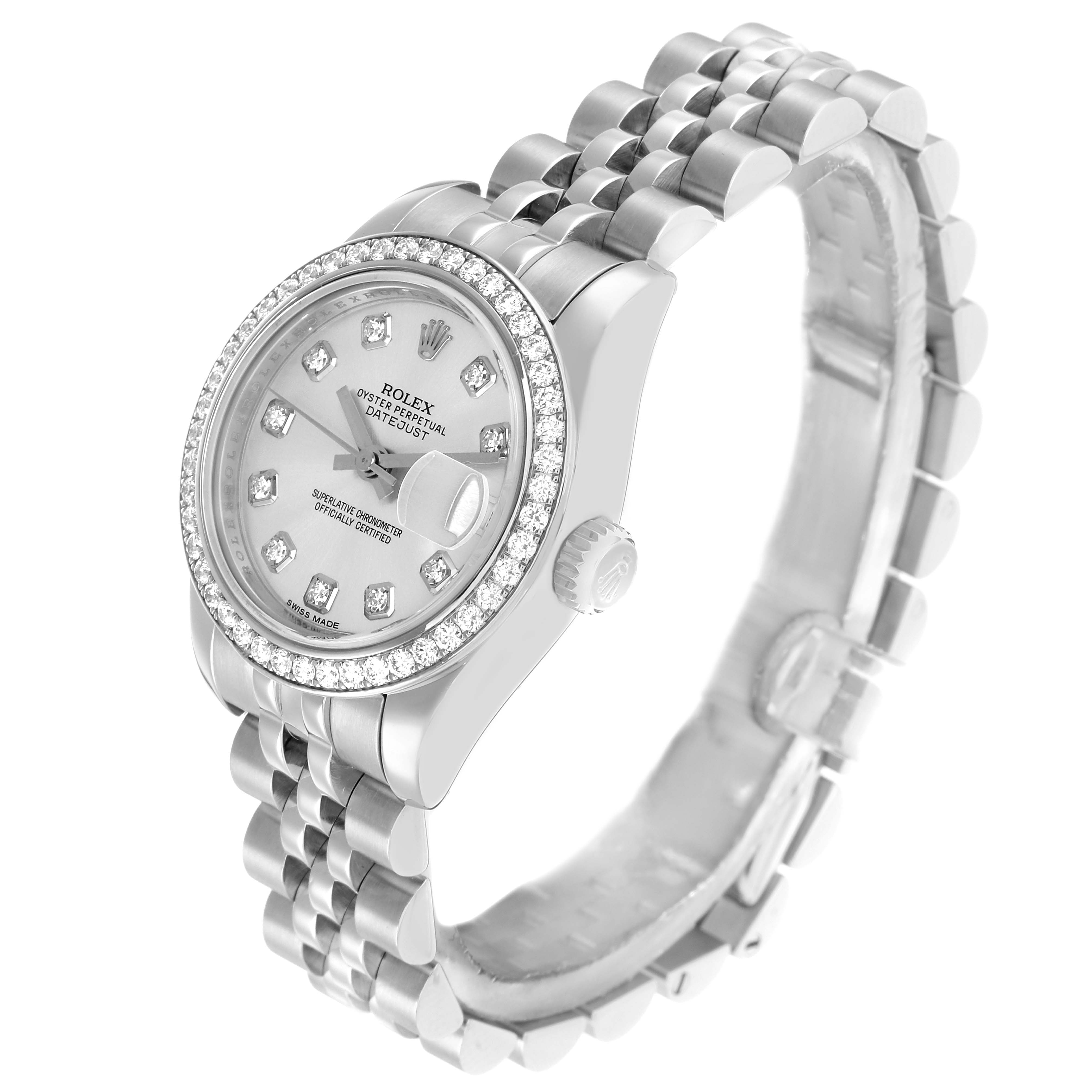 The Rolex Datejust 179384 Women
s Stainless Steel Silver Dial watch is shown at a three-quarter angle, highlighting the dial, bezel, bracelet, and crown.