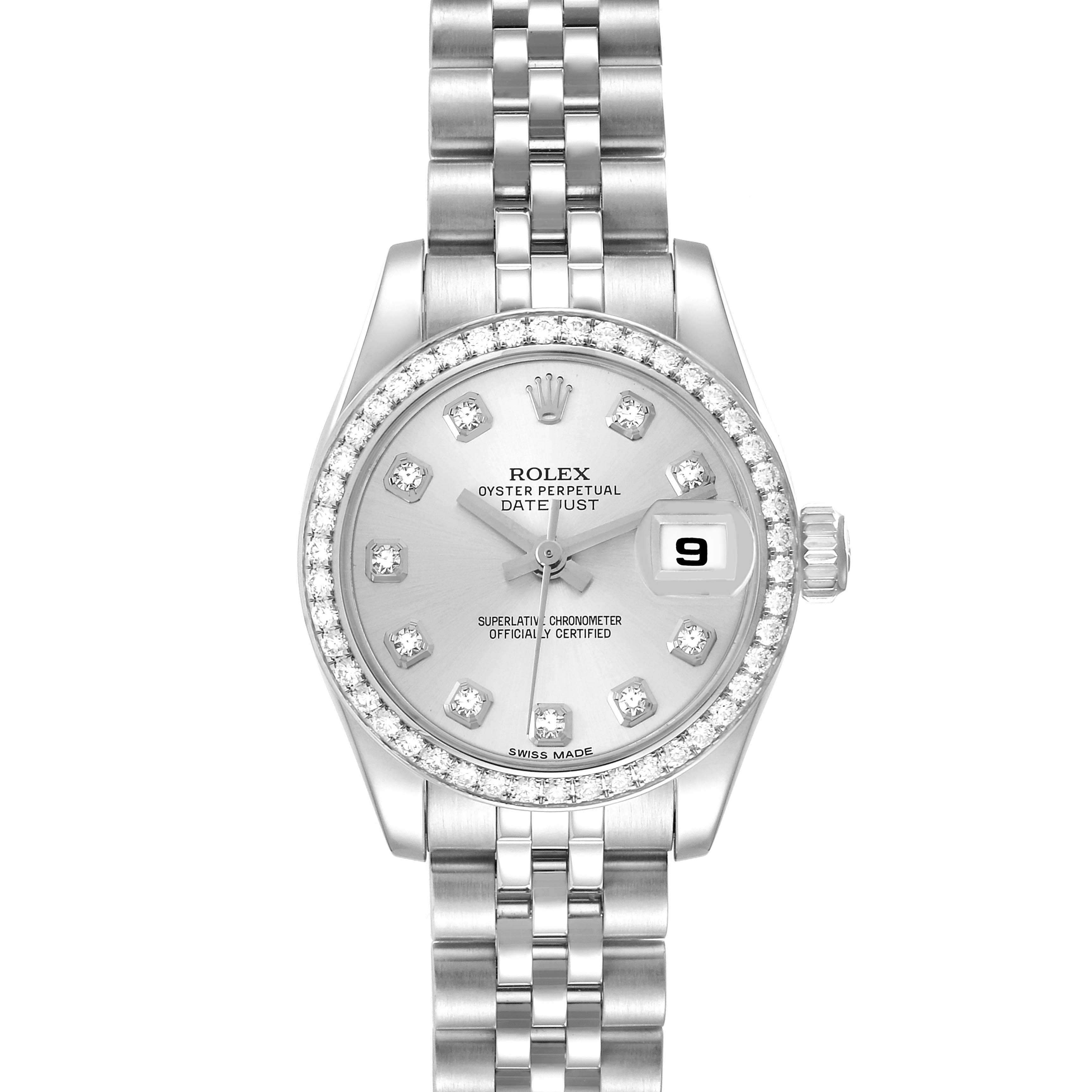 The Rolex Datejust 179384 Women
s Stainless Steel Silver Dial watch is shown from a top-down angle, highlighting the bracelet, bezel, dial, and date window.