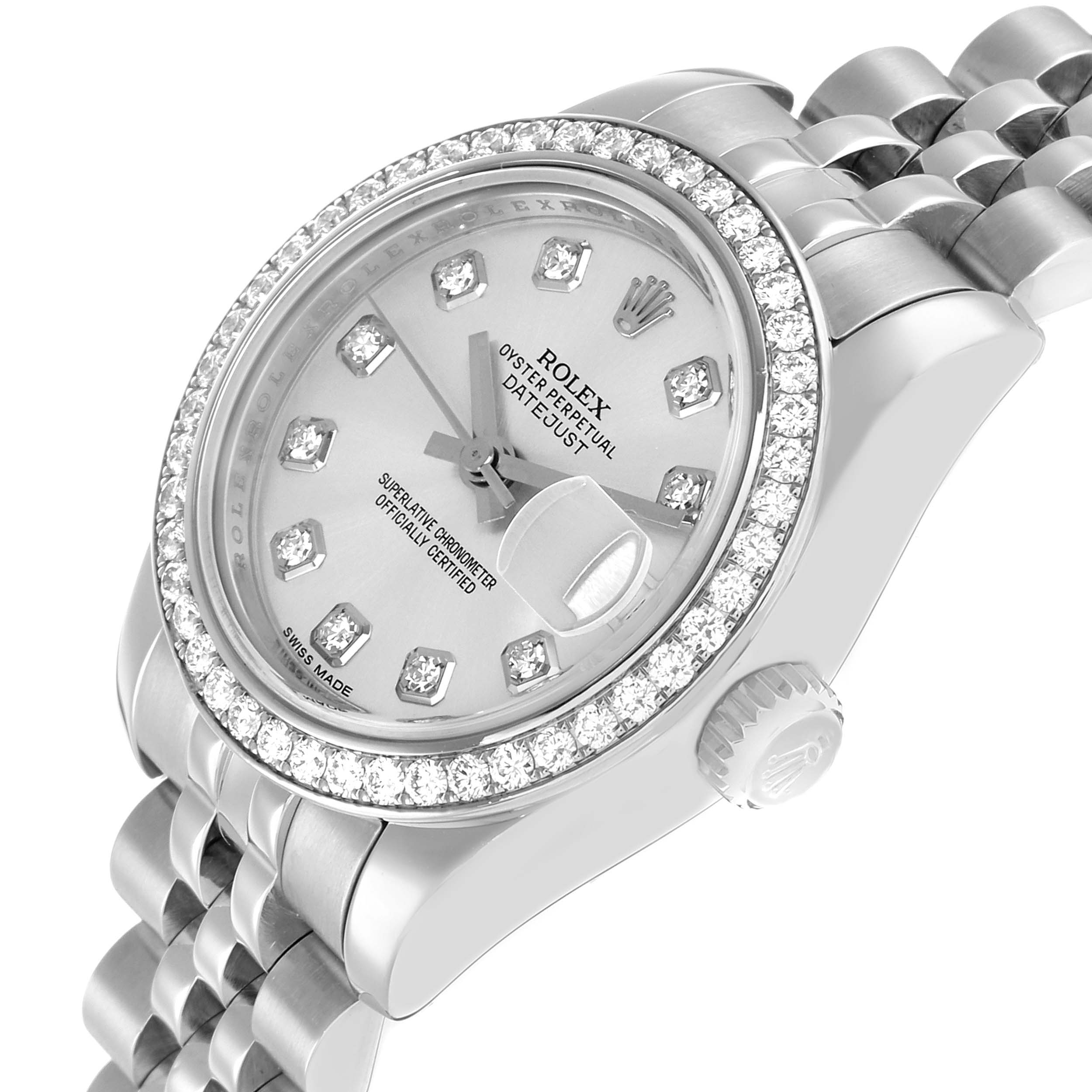 The Rolex Datejust 179384 Women
s Stainless Steel Silver Dial watch is shown at an angled view displaying the face, bezel, crown, and part of the bracelet.