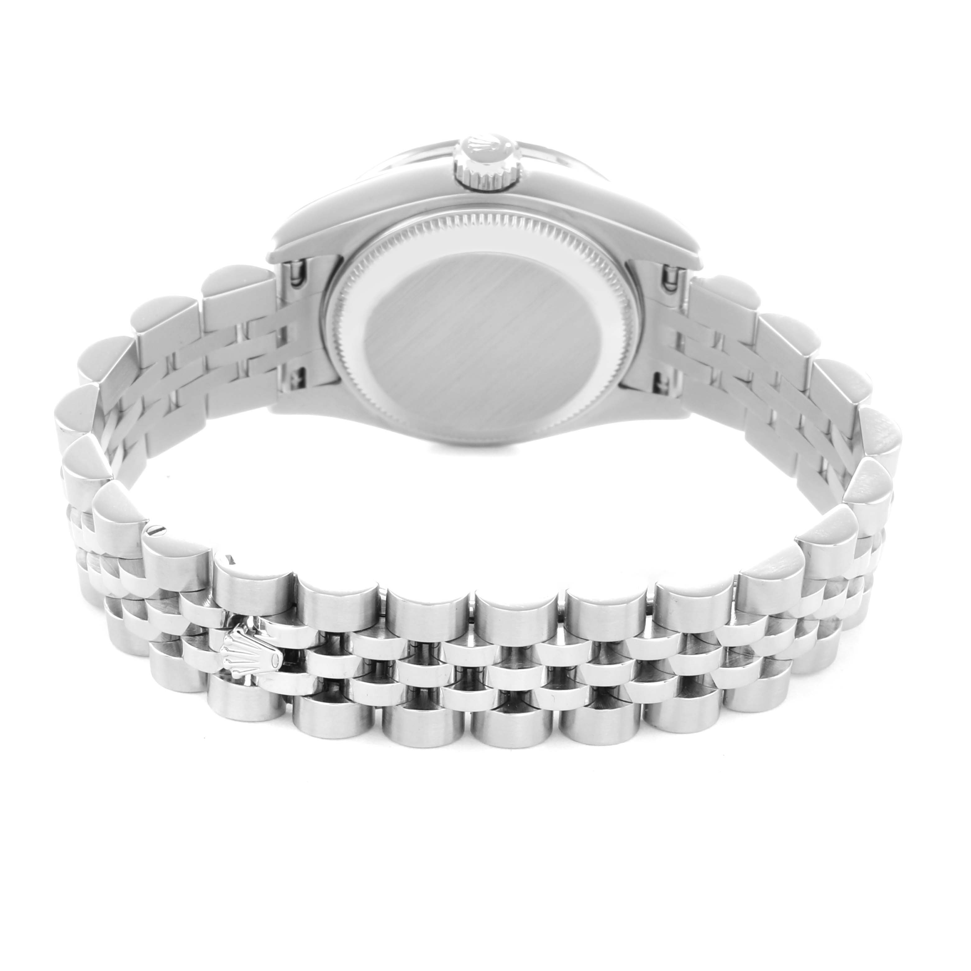 The image shows the back view of a Rolex Datejust 179384 Women
s Stainless Steel Silver Dial, featuring the case back and the Jubilee bracelet.
