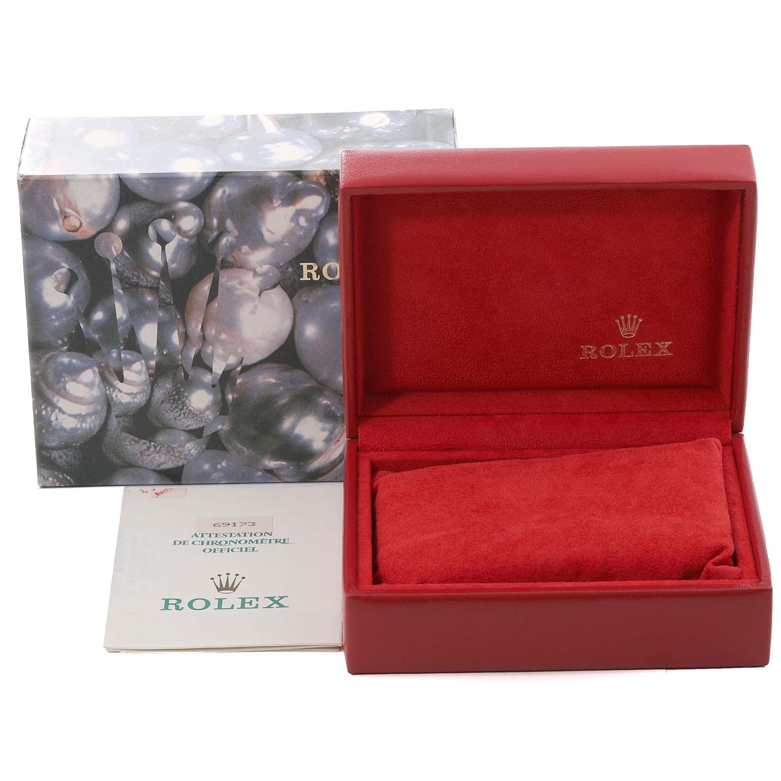 The image shows a Rolex Datejust 69173 Women's Steel and Gold (two tone) Blue Dial 69173 Women's Steel and Gold (two tone) Blue Dial watch box, open with red interior, accompanied by its outer box and documentation.