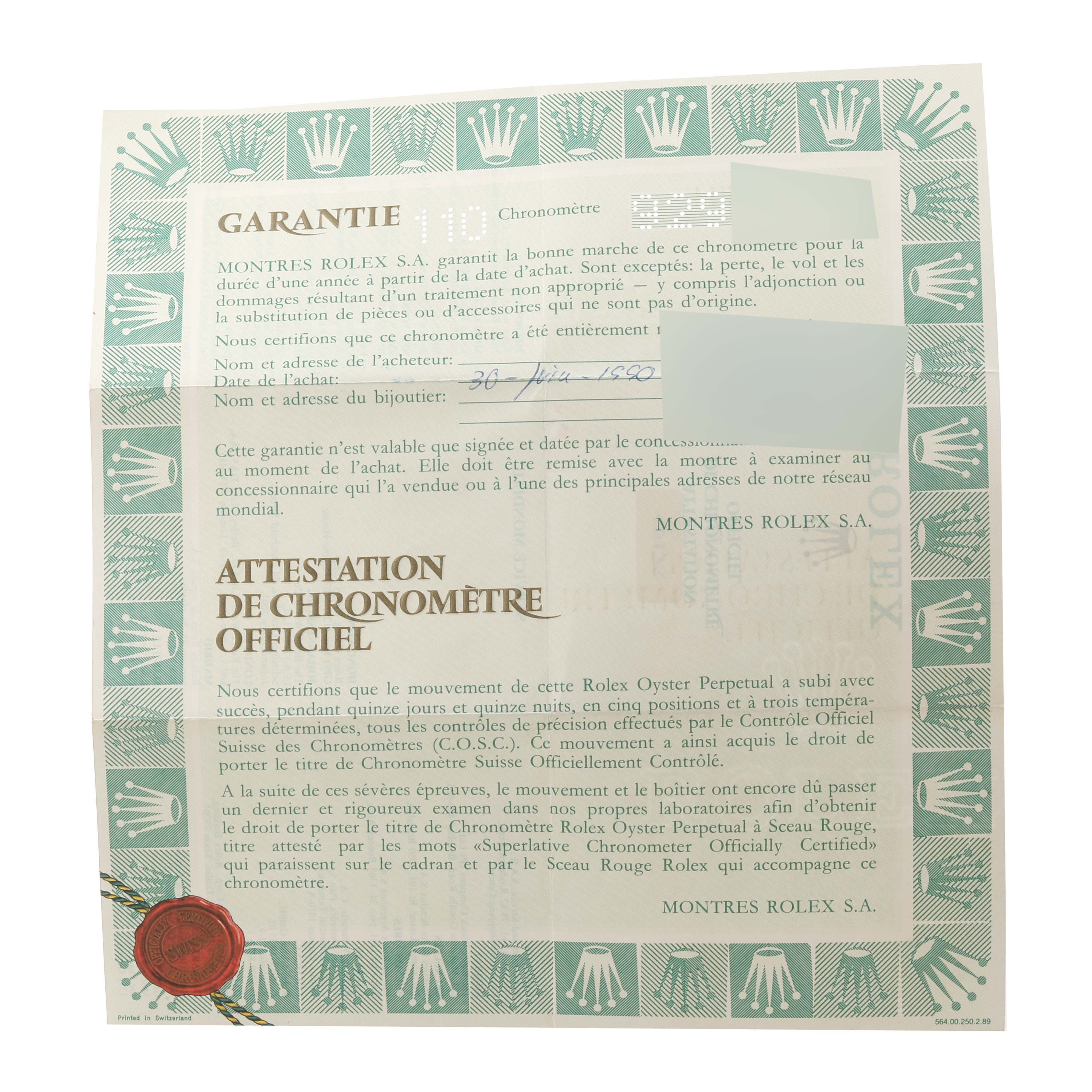 The image shows the warranty and official chronometer certification documents for a Rolex Datejust 69173 Women's Steel and Gold (two tone) Blue Dial 69173 Women's Steel and Gold (two tone) Blue Dial watch.