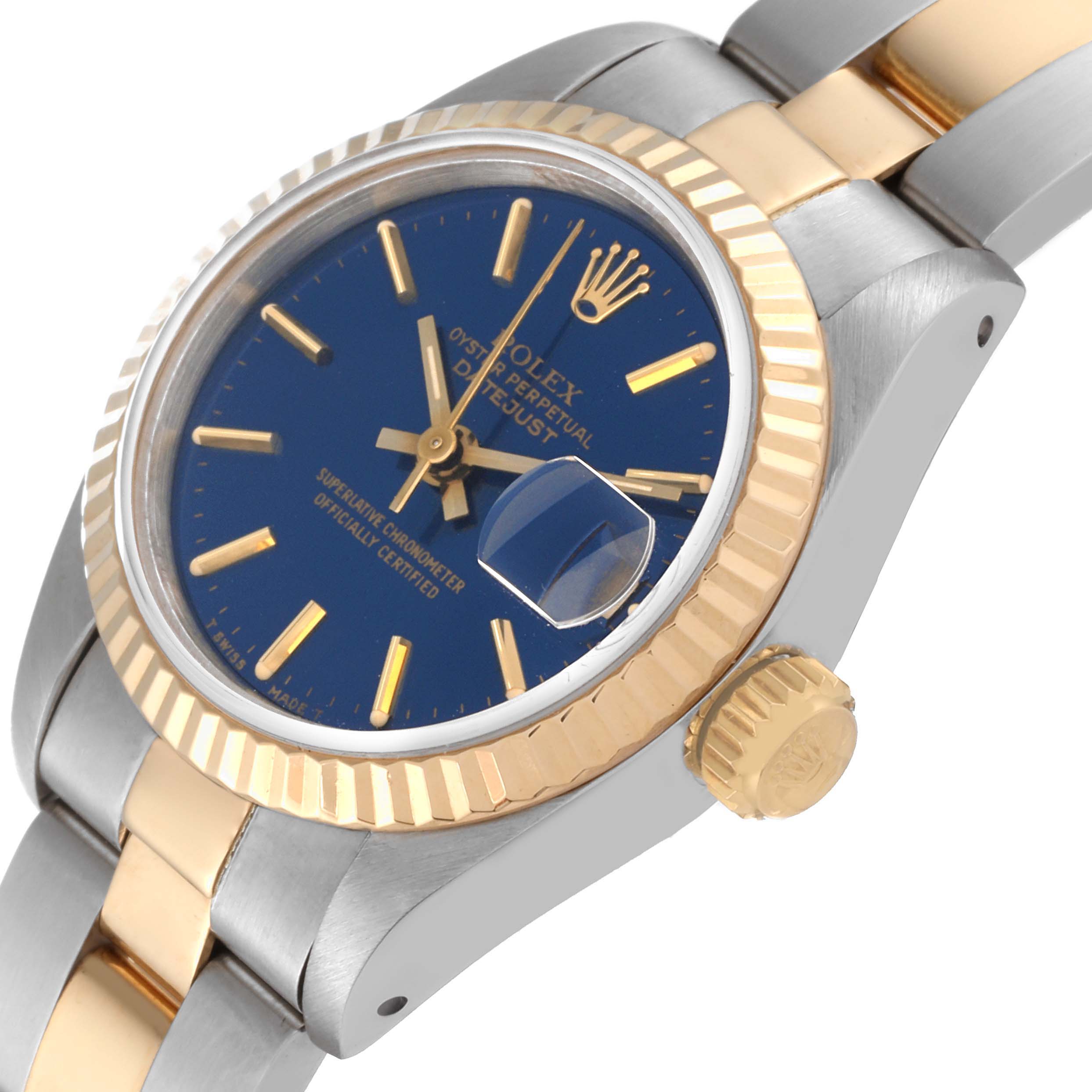 This image shows a side angle of a Rolex Datejust 69173 Women's Steel and Gold (two tone) Blue Dial 69173 Women's Steel and Gold (two tone) Blue Dial watch, highlighting the dial, crown, bezel, and part of the bracelet.