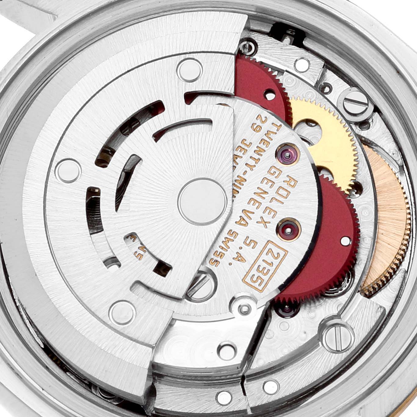 This image shows a close-up of the movement and internal components of a Rolex Datejust 69173 Women's Steel and Gold (two tone) Blue Dial 69173 Women's Steel and Gold (two tone) Blue Dial watch, highlighting the gears and rotor.