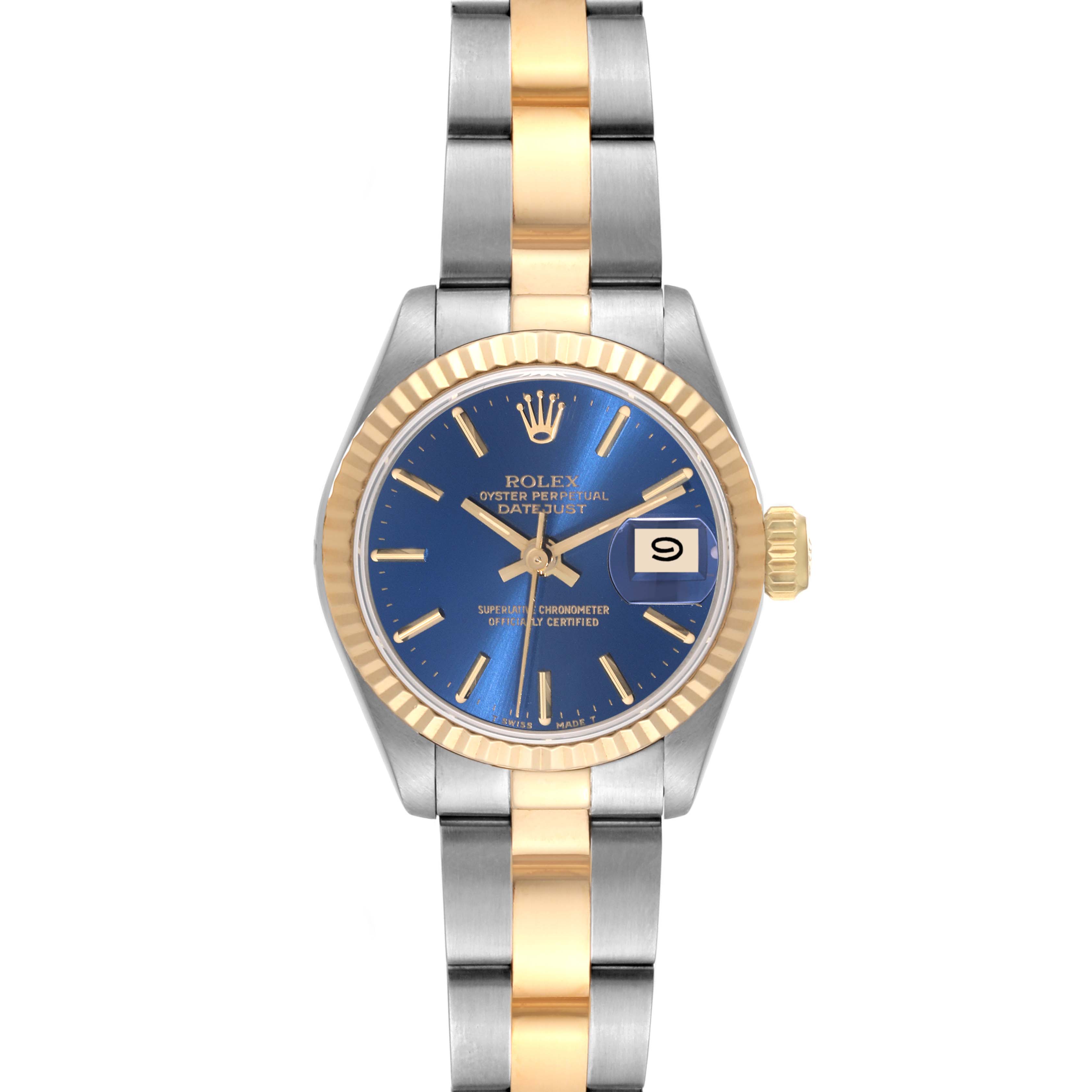 This image shows a front view of the Rolex Datejust 69173 Women's Steel and Gold (two tone) Blue Dial 69173 Women's Steel and Gold (two tone) Blue Dial watch highlighting its dial, bezel, and bracelet.