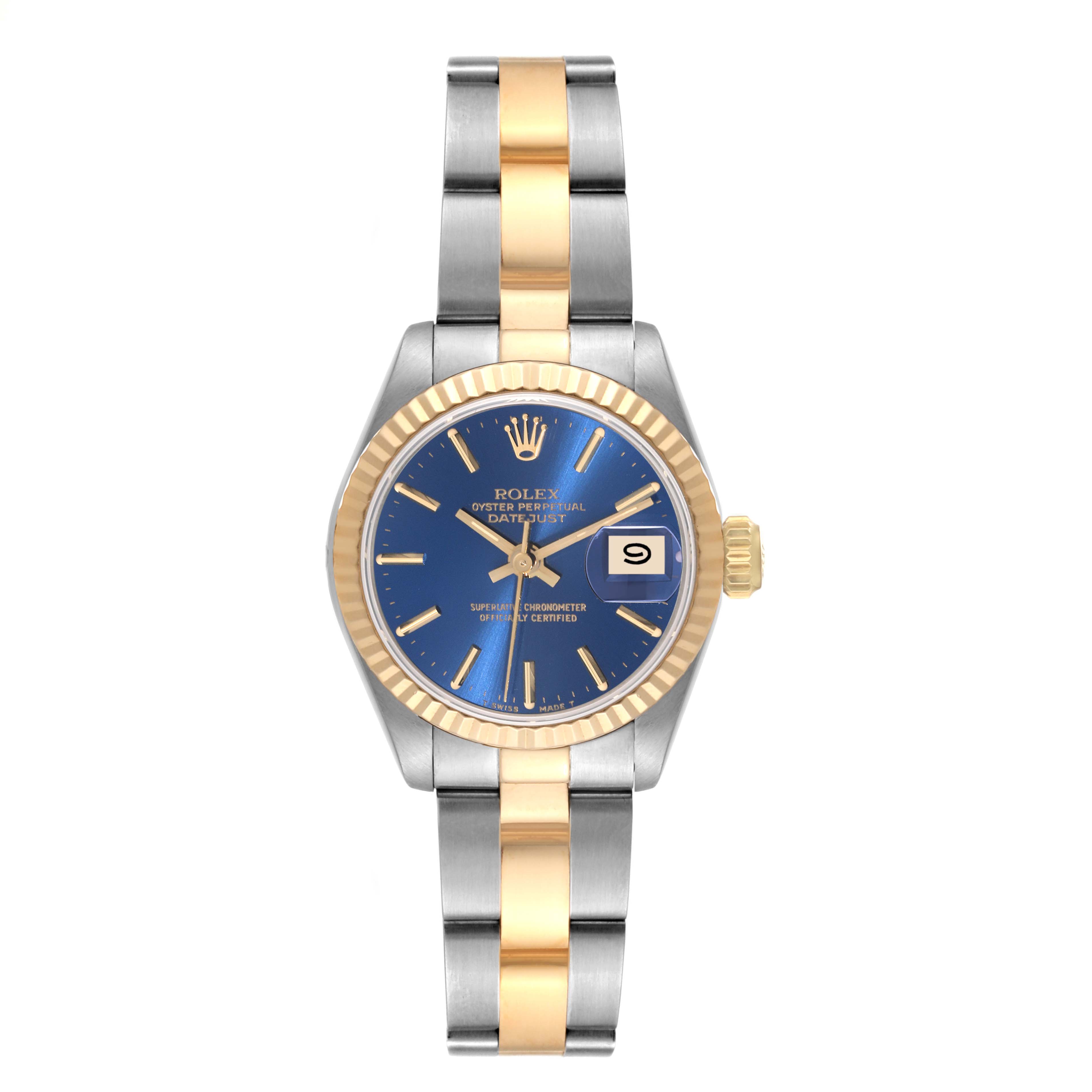 This image shows a Rolex Datejust 69173 Women's Steel and Gold (two tone) Blue Dial 69173 Women's Steel and Gold (two tone) Blue Dial watch from a front angle, highlighting the dial, bezel, crown, and bracelet.