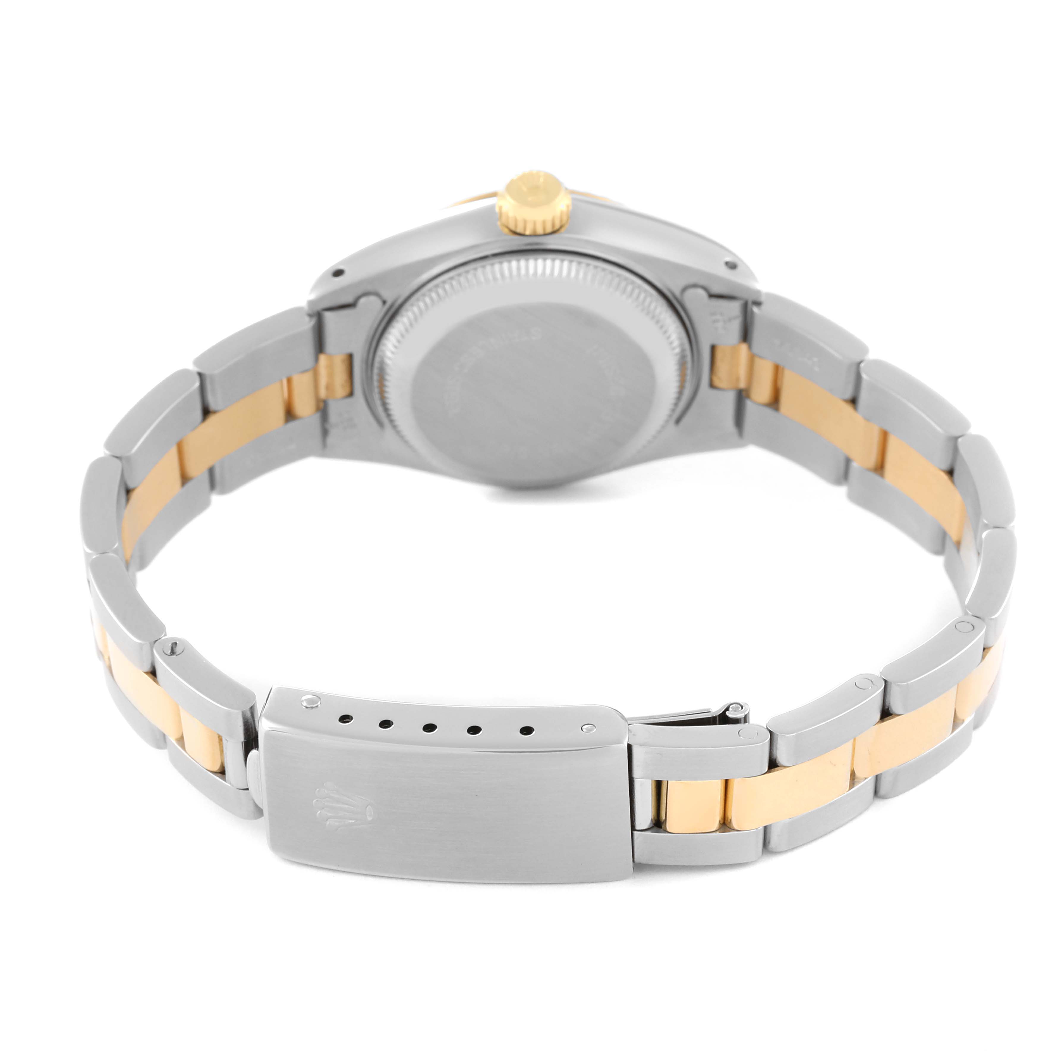 The image shows the back and bracelet of a Rolex Datejust 69173 Women's Steel and Gold (two tone) Blue Dial 69173 Women's Steel and Gold (two tone) Blue Dial watch from a rear angle, including the clasp and crown.