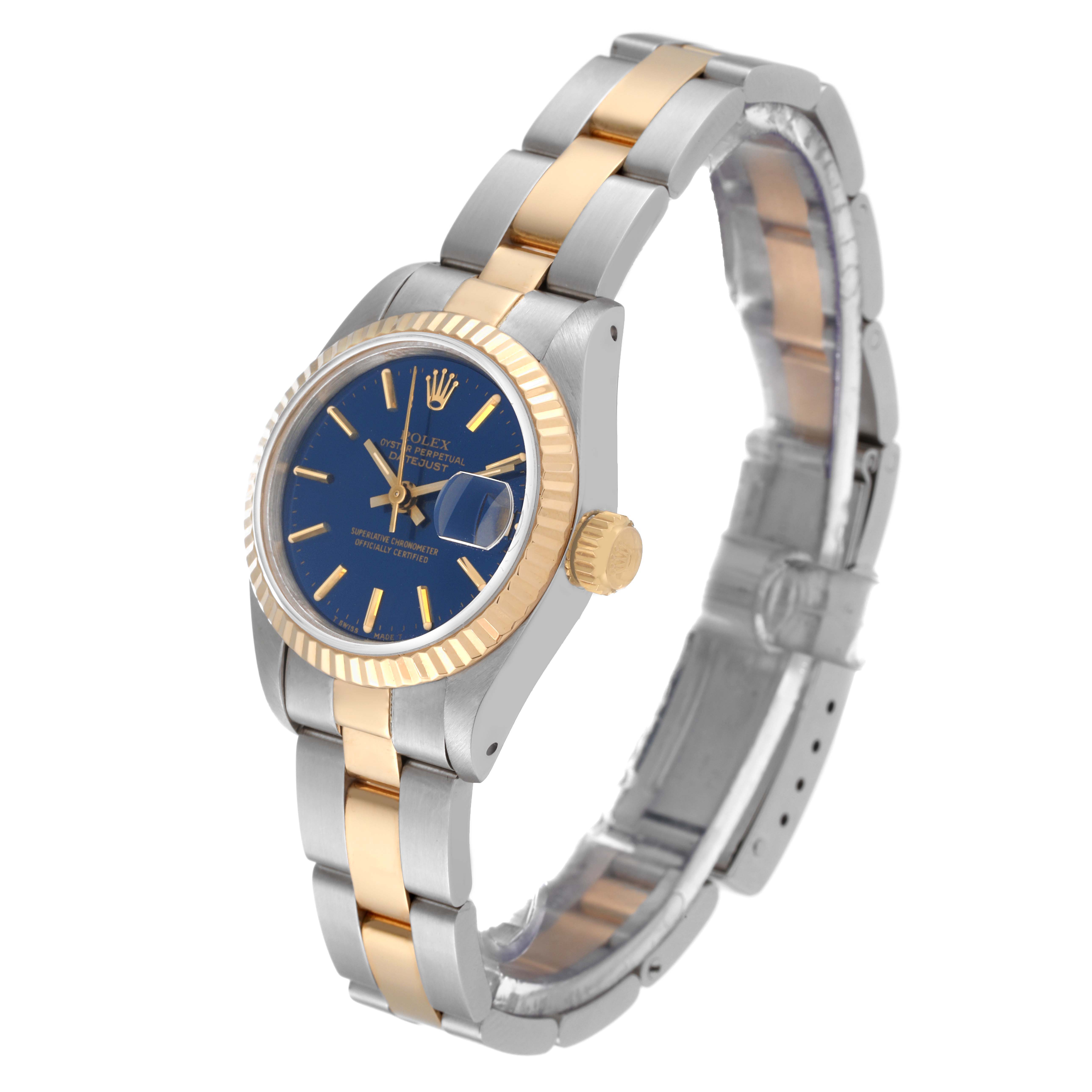 This image shows a side angle of a Rolex Datejust 69173 Women's Steel and Gold (two tone) Blue Dial 69173 Women's Steel and Gold (two tone) Blue Dial watch, displaying the case, crown, bracelet, and blue dial face.