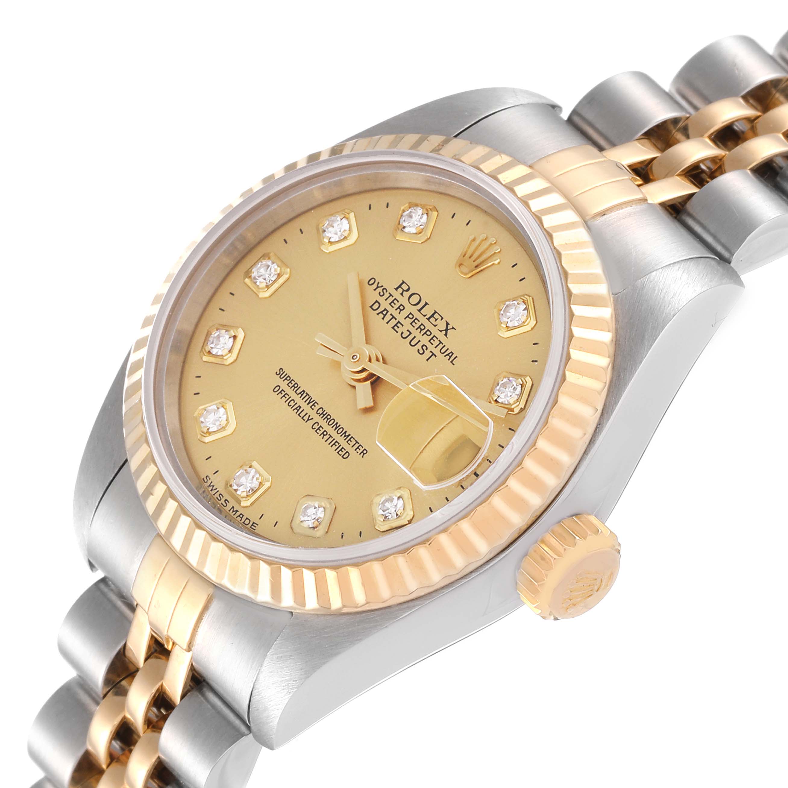 The image shows a close-up angled view of a Rolex Date 79173 Women's Steel and Gold (two tone) Champagne Dial 79173 Women's Steel and Gold (two tone) Champagne Dialjust watch, highlighting its dial, bezel, crown, and part of the bracelet.