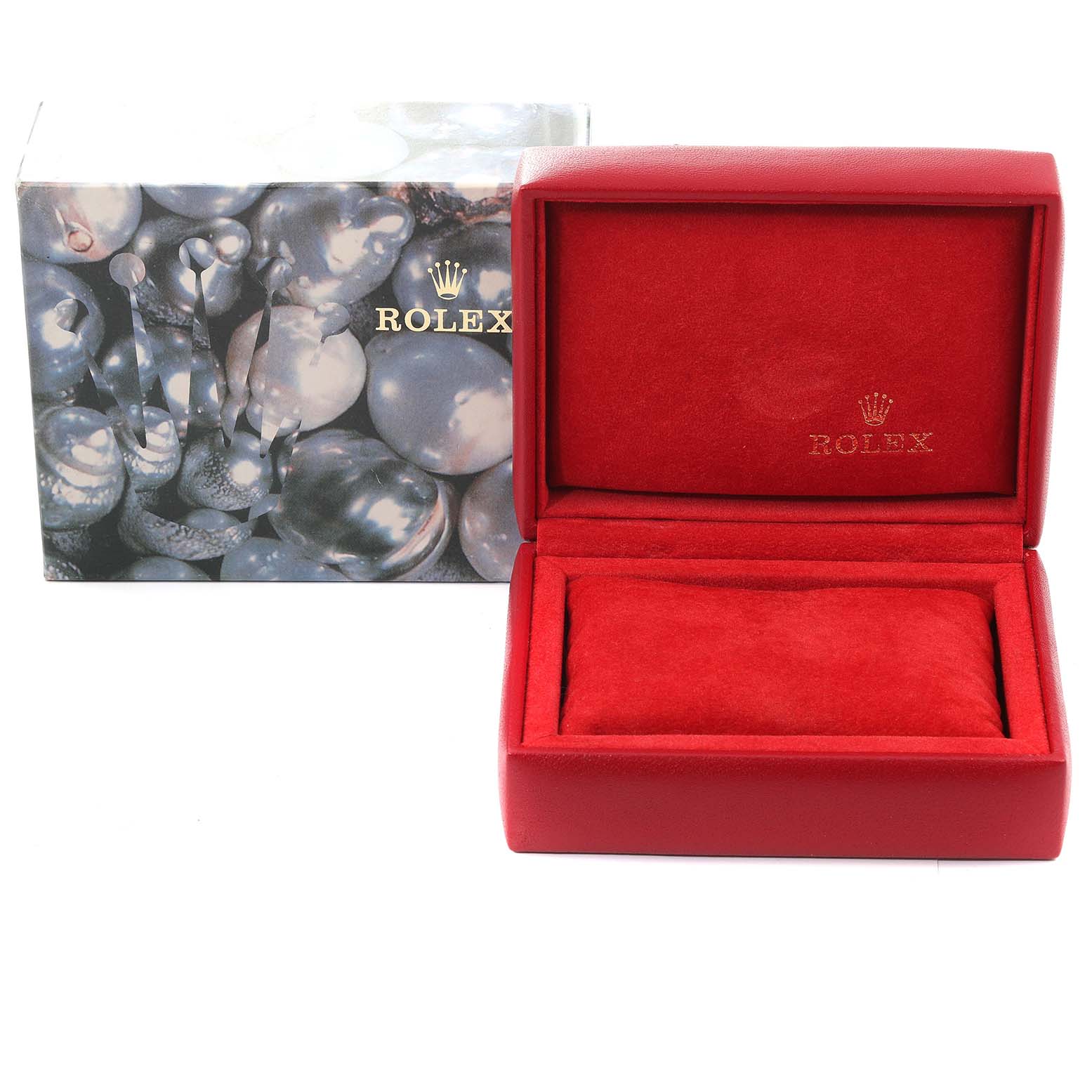 The image shows a red Rolex Date 79173 Women's Steel and Gold (two tone) Champagne Dial 79173 Women's Steel and Gold (two tone) Champagne Dial model watch box with the brand logo, with an outer decorative box in the background.