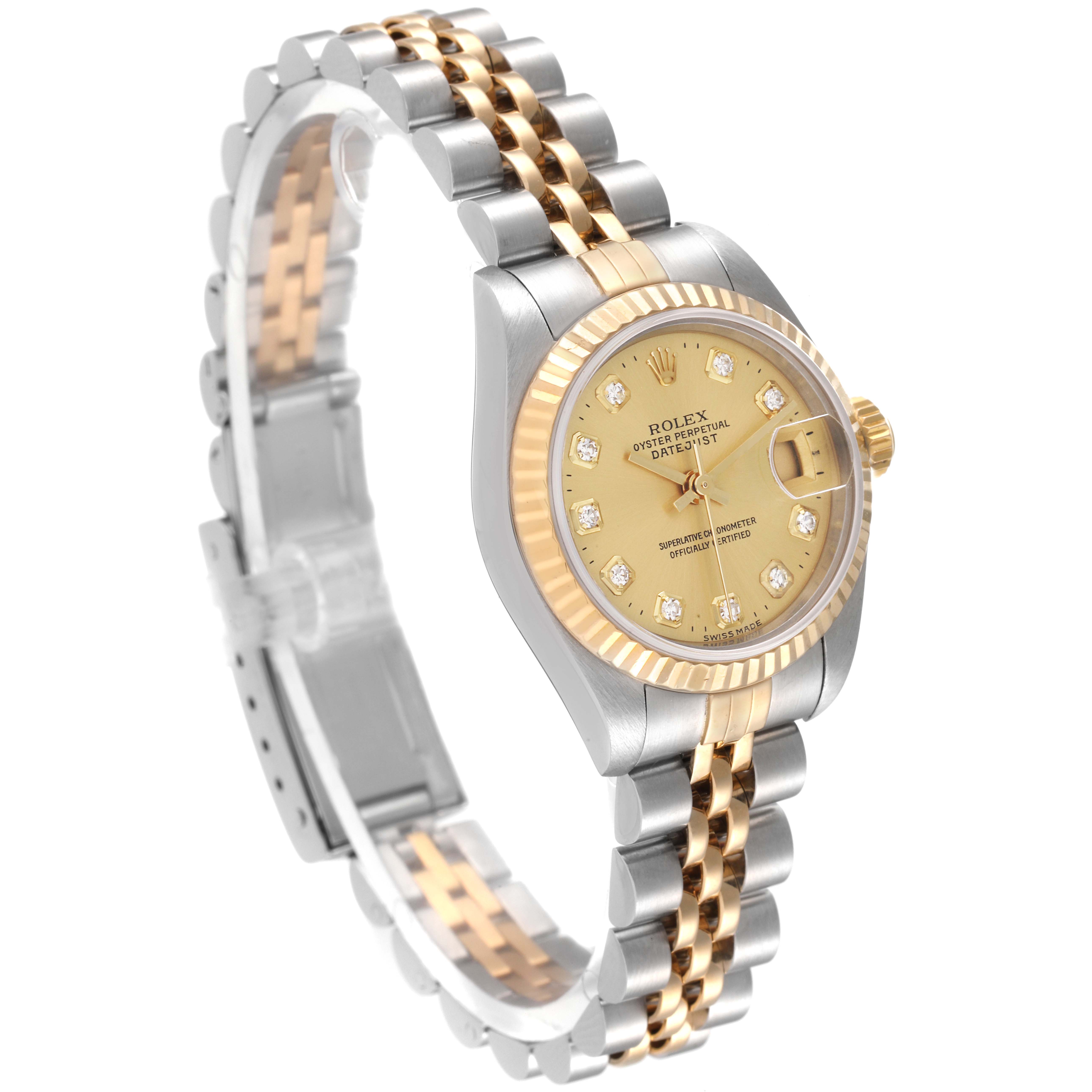 The image shows a Rolex Date 79173 Women's Steel and Gold (two tone) Champagne Dial 79173 Women's Steel and Gold (two tone) Champagne Dial model watch from an angled side view, highlighting the bracelet, bezel, and face.