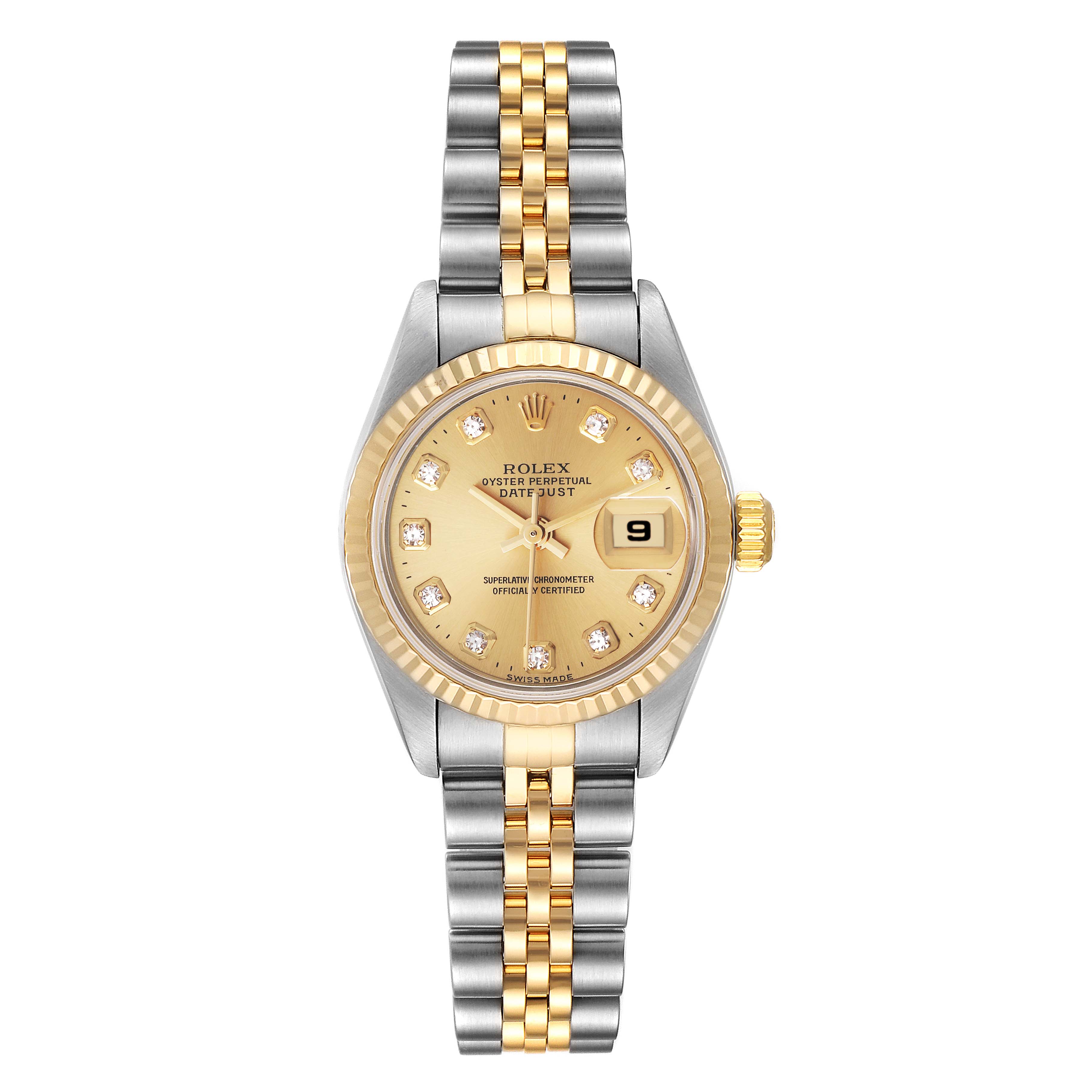 This image shows a front view of the Rolex Date 79173 Women's Steel and Gold (two tone) Champagne Dial 79173 Women's Steel and Gold (two tone) Champagne Dial model watch, displaying its face, bezel, and two-tone bracelet.