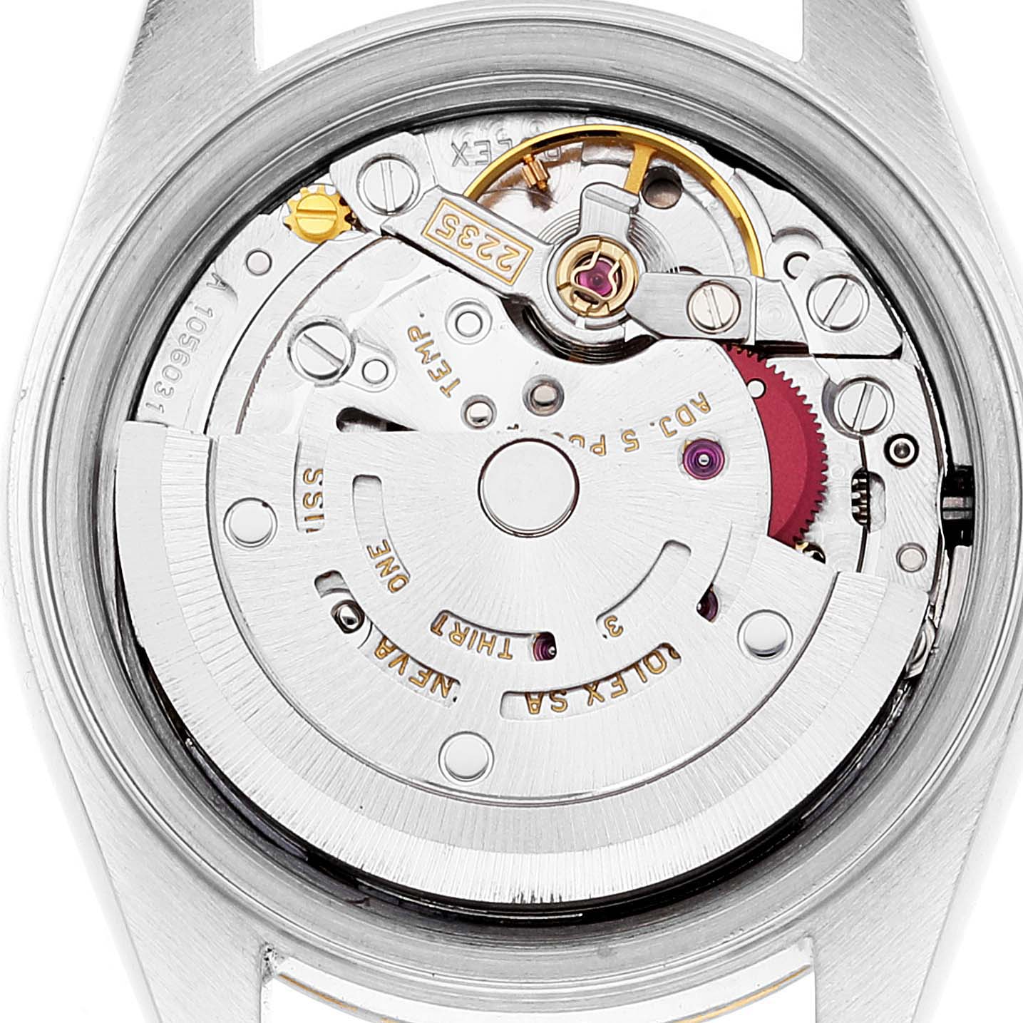 This image shows the internal mechanical movement components of a Rolex Date 79173 Women's Steel and Gold (two tone) Champagne Dial 79173 Women's Steel and Gold (two tone) Champagne Dial model watch from a top-down angle.
