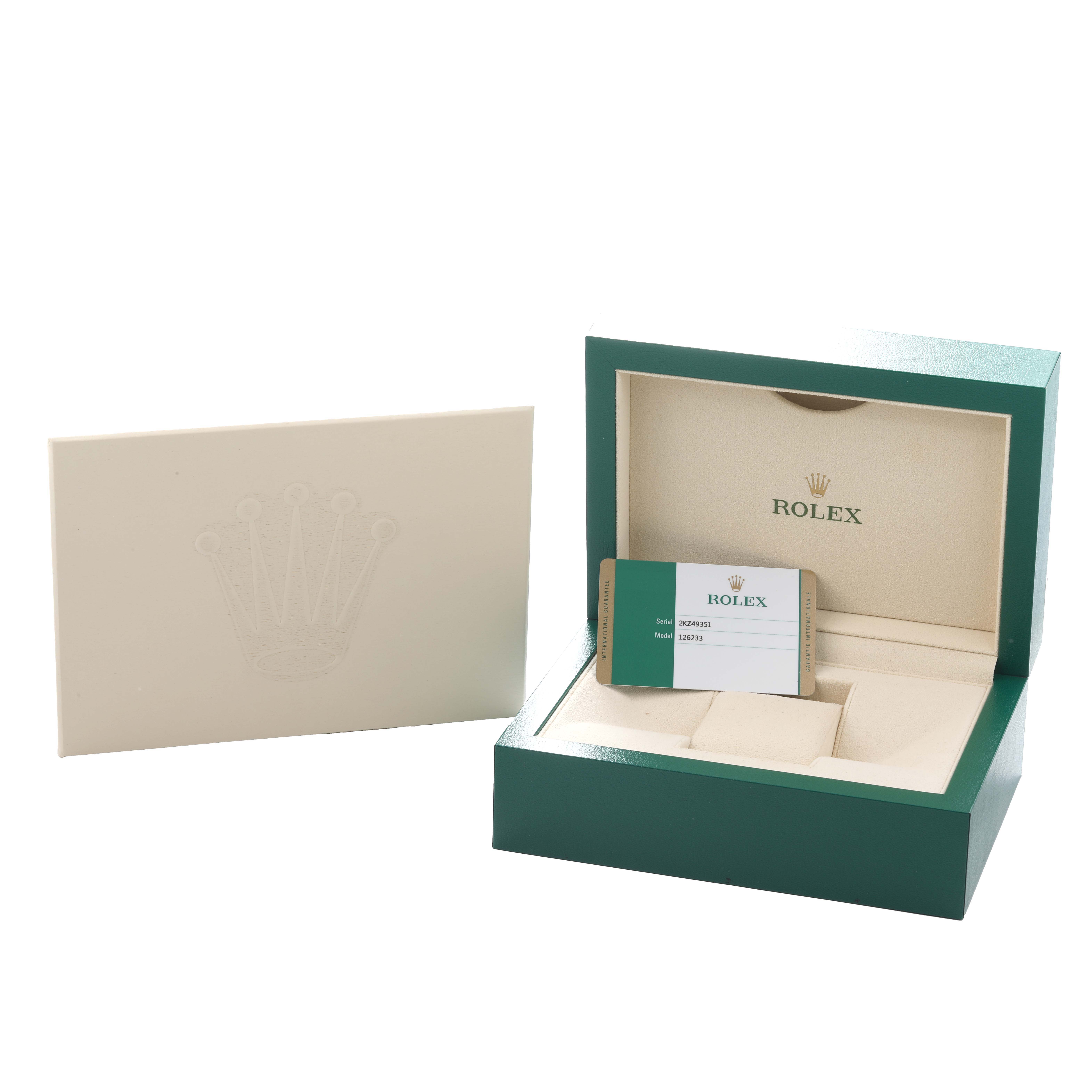The image shows a Rolex Datejust 126233 Men
s Steel and Gold (two tone) Champagne Dial box set at an angle, including the open box, warranty card, and outer box.