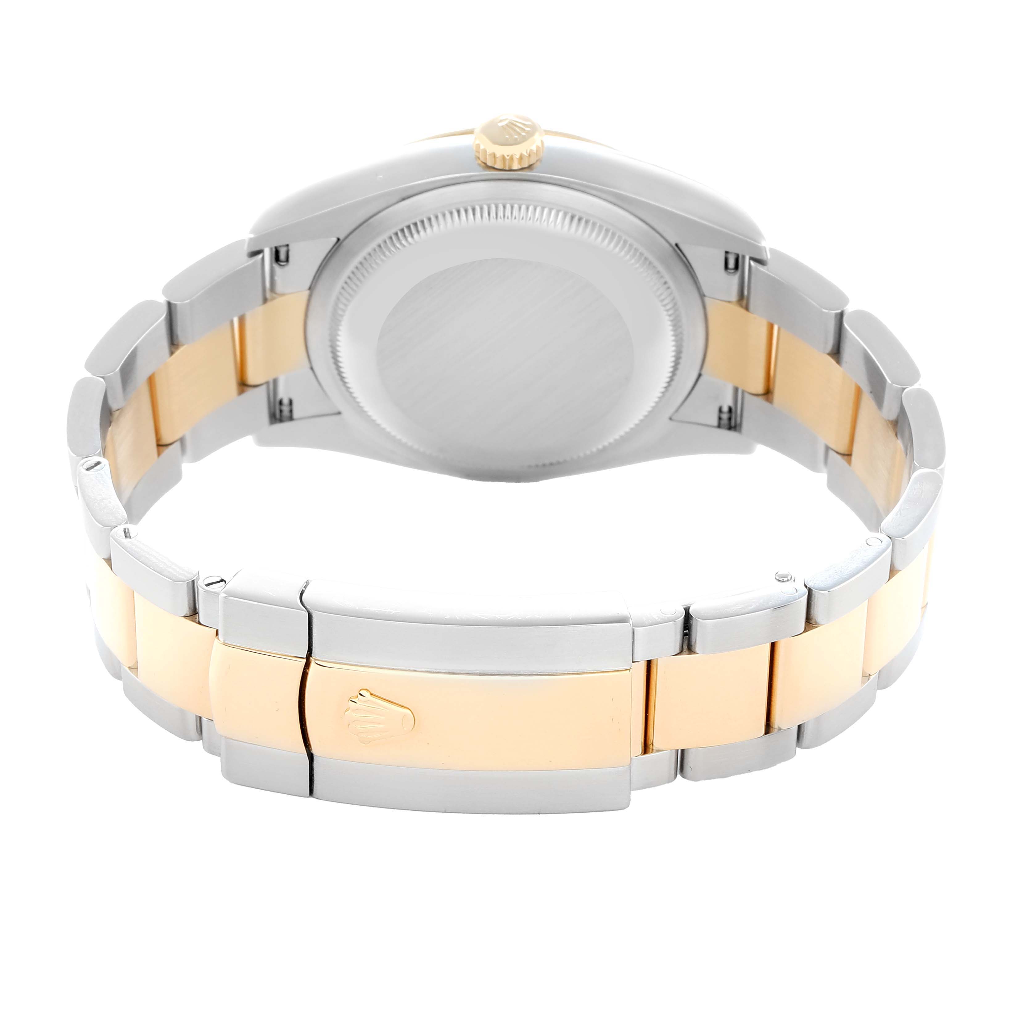 The image shows the back view of a Rolex Datejust 126233 Men
s Steel and Gold (two tone) Champagne Dial watch, highlighting the bracelet and clasp.