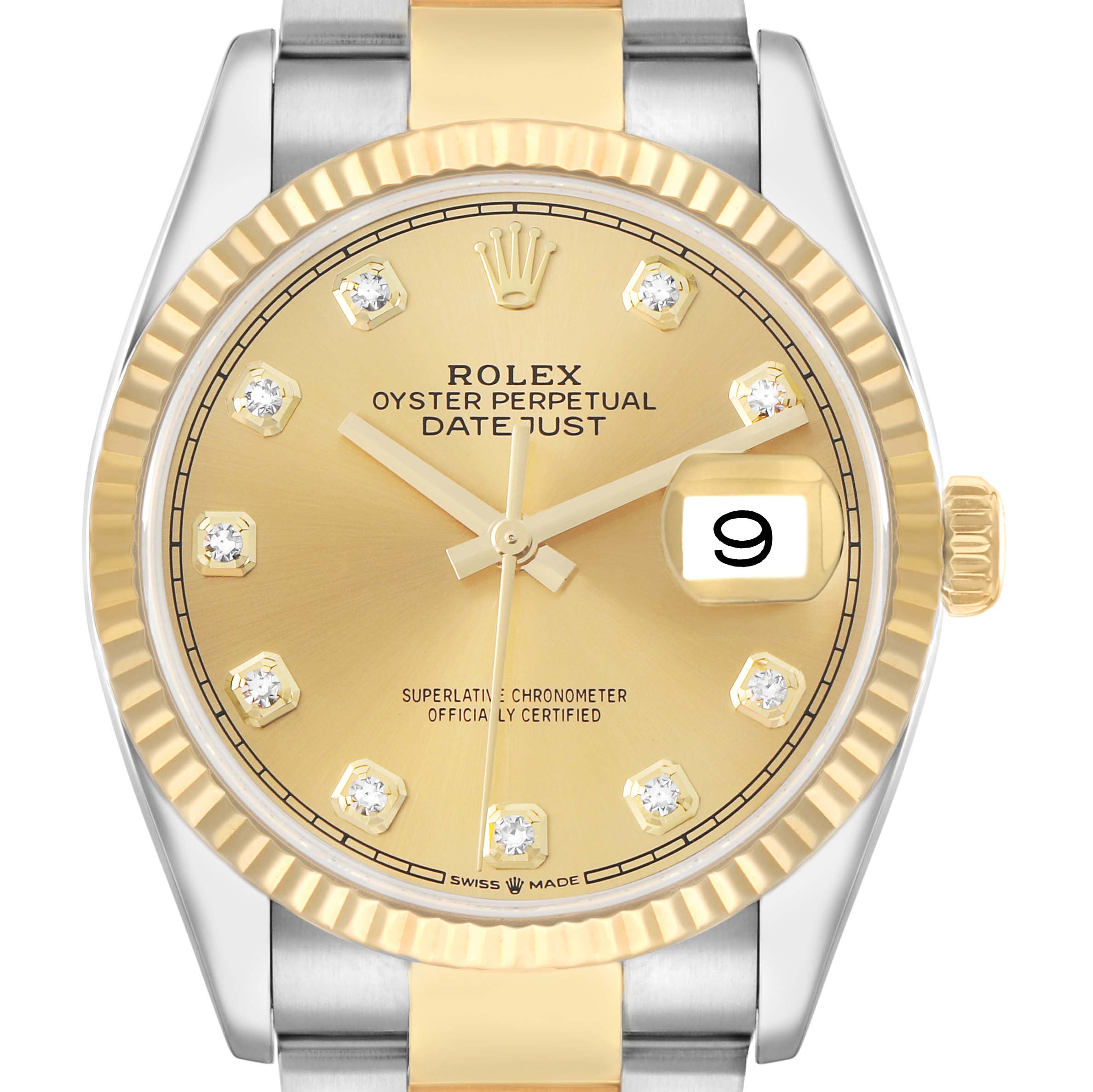 The Rolex Datejust 126233 Men
s Steel and Gold (two tone) Champagne Dial watch is shown from the front, highlighting the gold dial, date window, and fluted bezel with diamond hour markers.