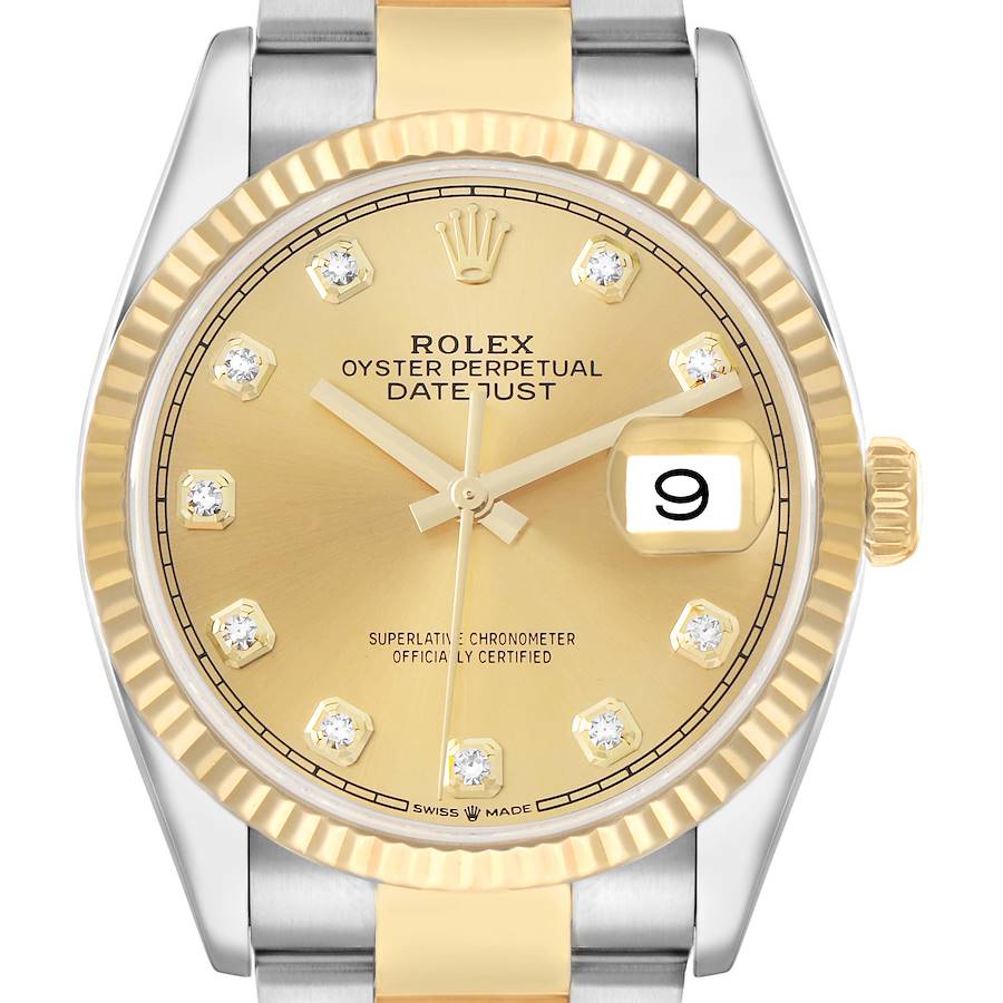 The Rolex Datejust 126233 Men's Steel and Gold (two tone) Champagne Dial watch is shown from the front, highlighting the gold dial, date window, and fluted bezel with diamond hour markers.