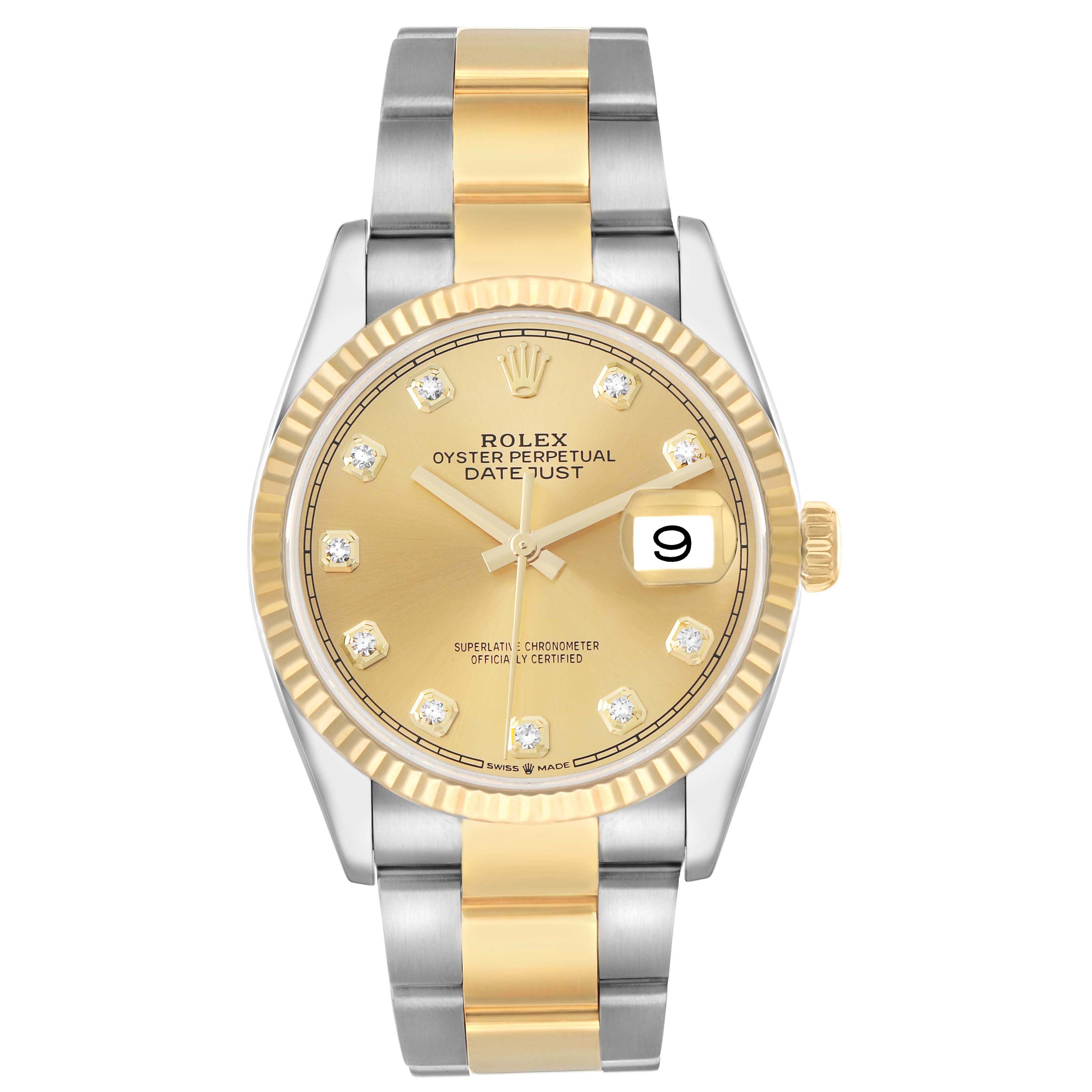 The Rolex Datejust 126233 Men
s Steel and Gold (two tone) Champagne Dial watch is shown from a front angle, displaying the dial, case, bezel, and bracelet.
