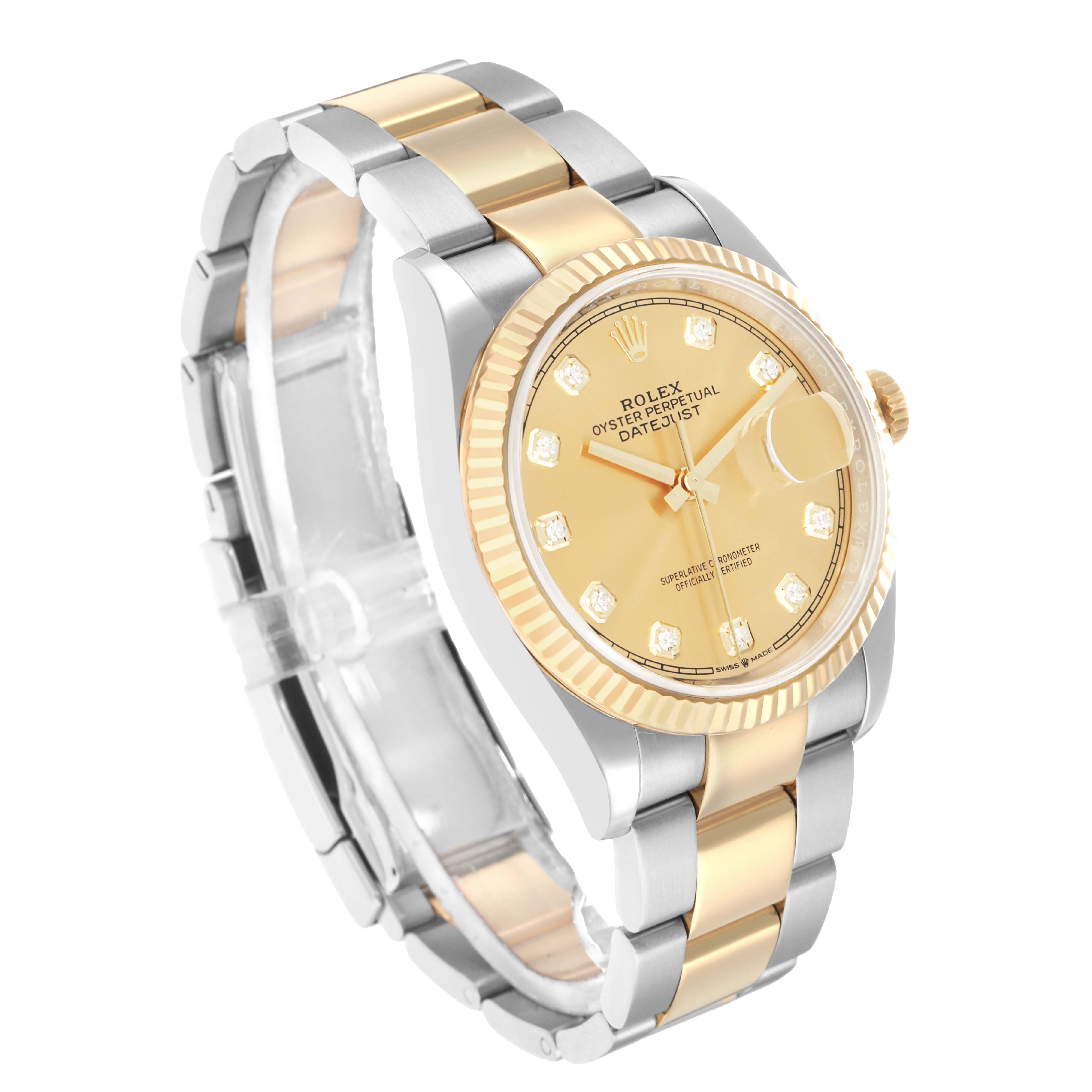 The Rolex Datejust 126233 Men
s Steel and Gold (two tone) Champagne Dial watch is shown at an angle highlighting the gold bezel, dial, and two-tone bracelet.