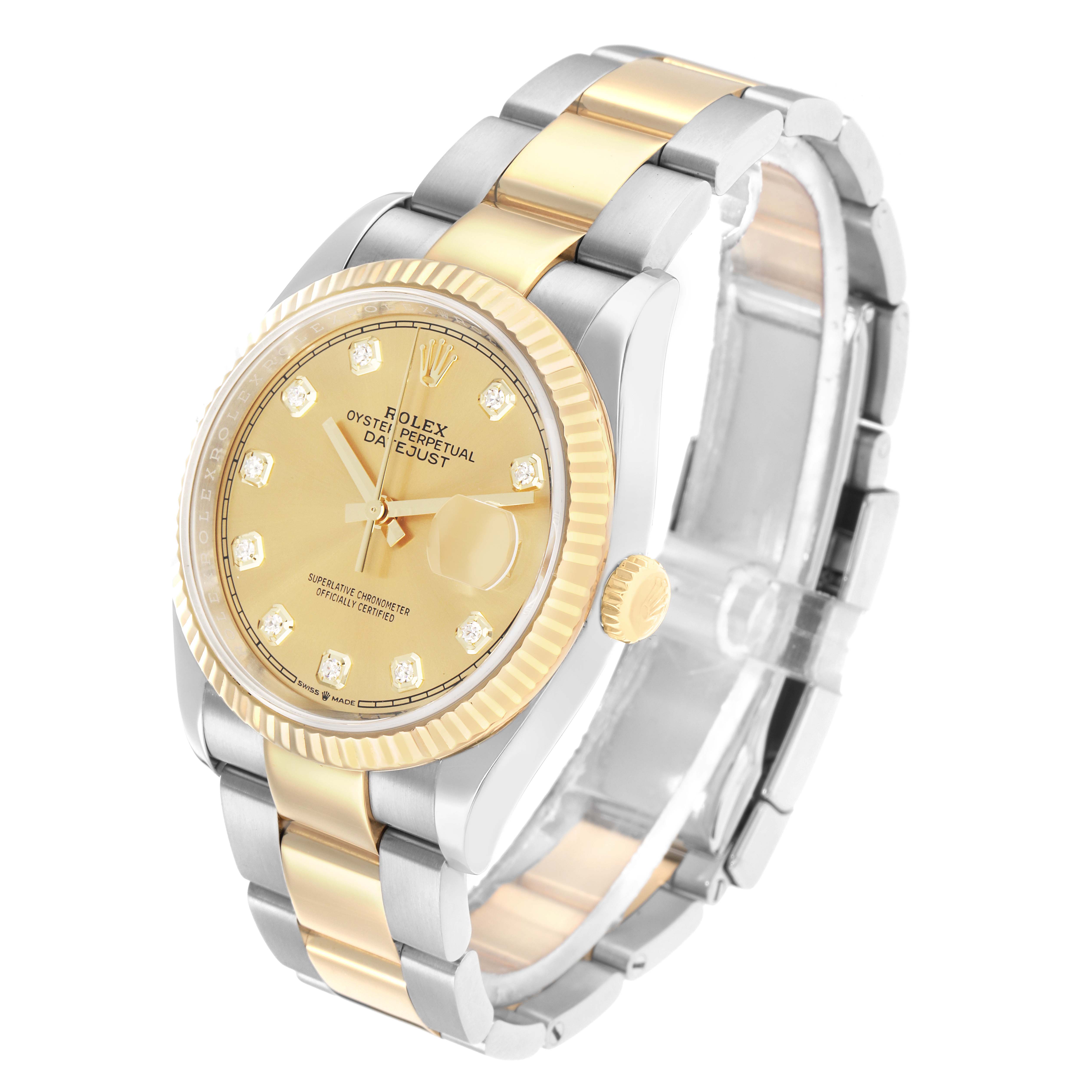 The Rolex Datejust 126233 Men
s Steel and Gold (two tone) Champagne Dial watch is shown at a three-quarter angle displaying the dial, bezel, crown, and part of the bracelet.