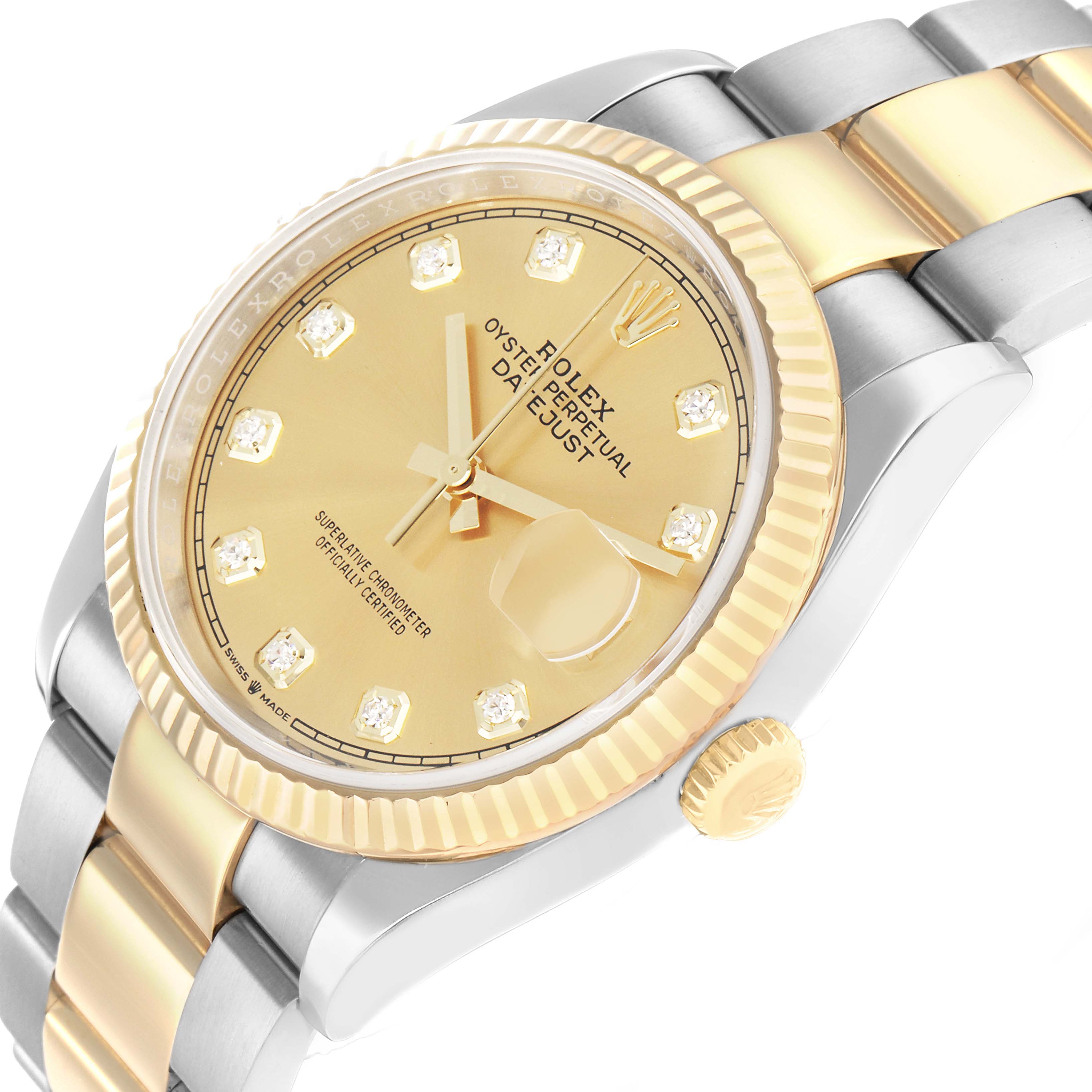 The Rolex Datejust 126233 Men
s Steel and Gold (two tone) Champagne Dial model is shown at an angle focusing on the dial, bezel, crown, and part of the bracelet.
