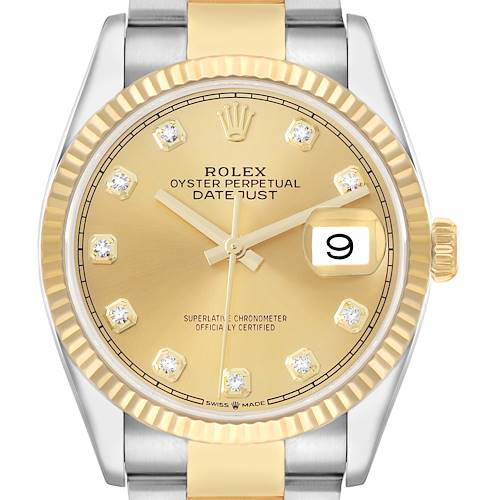 The image shows a front view of a Rolex Datejust 126233 Men's Steel and Gold (two tone) Champagne Dial watch, highlighting the face, bezel, and part of the bracelet.