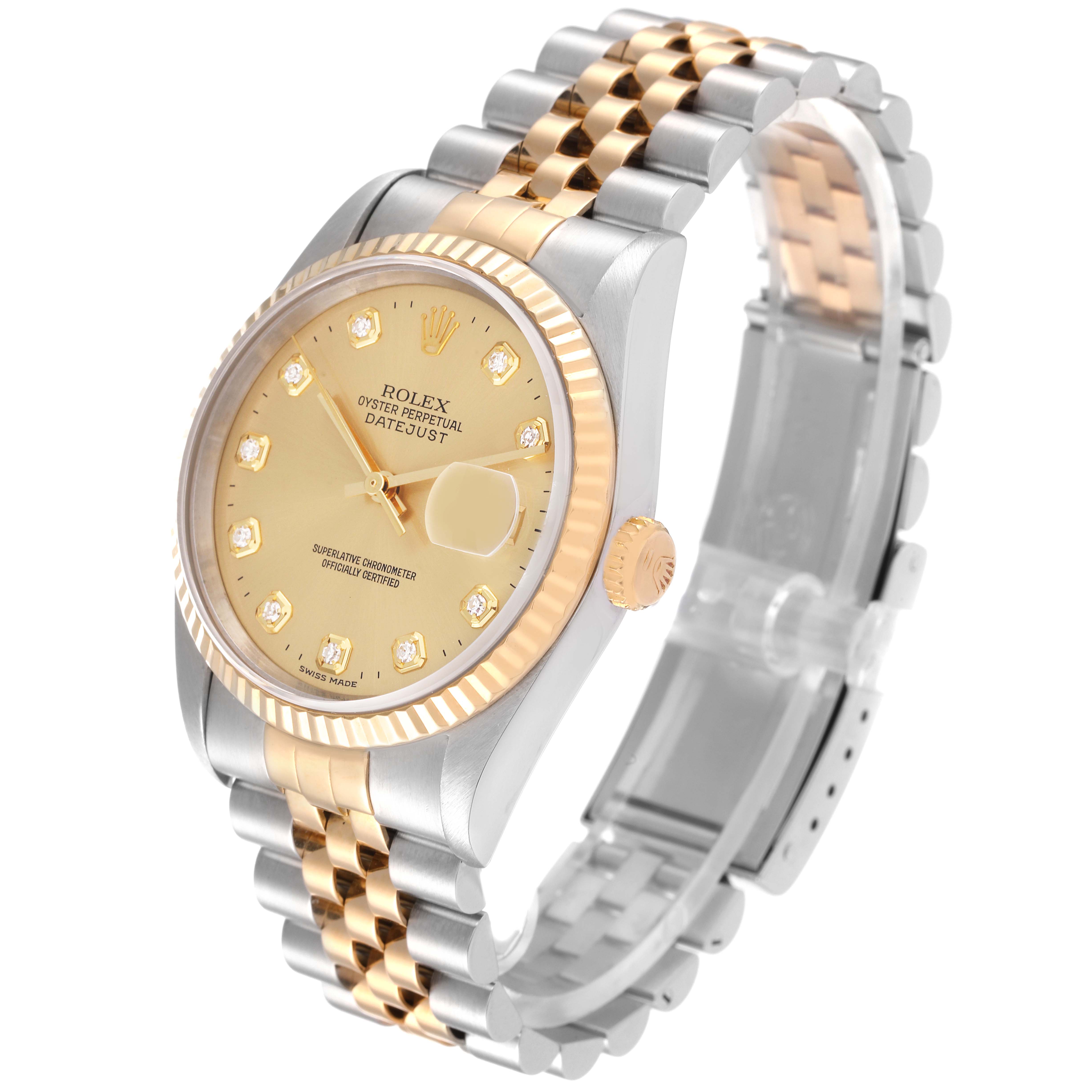 This image shows a Rolex Datejust 16233 Men's Steel and Gold (two tone) Champagne Dial 16233 Men's Steel and Gold (two tone) Champagne Dial watch at an angle, highlighting the two-tone bracelet, gold bezel, and dial with diamond hour markers.