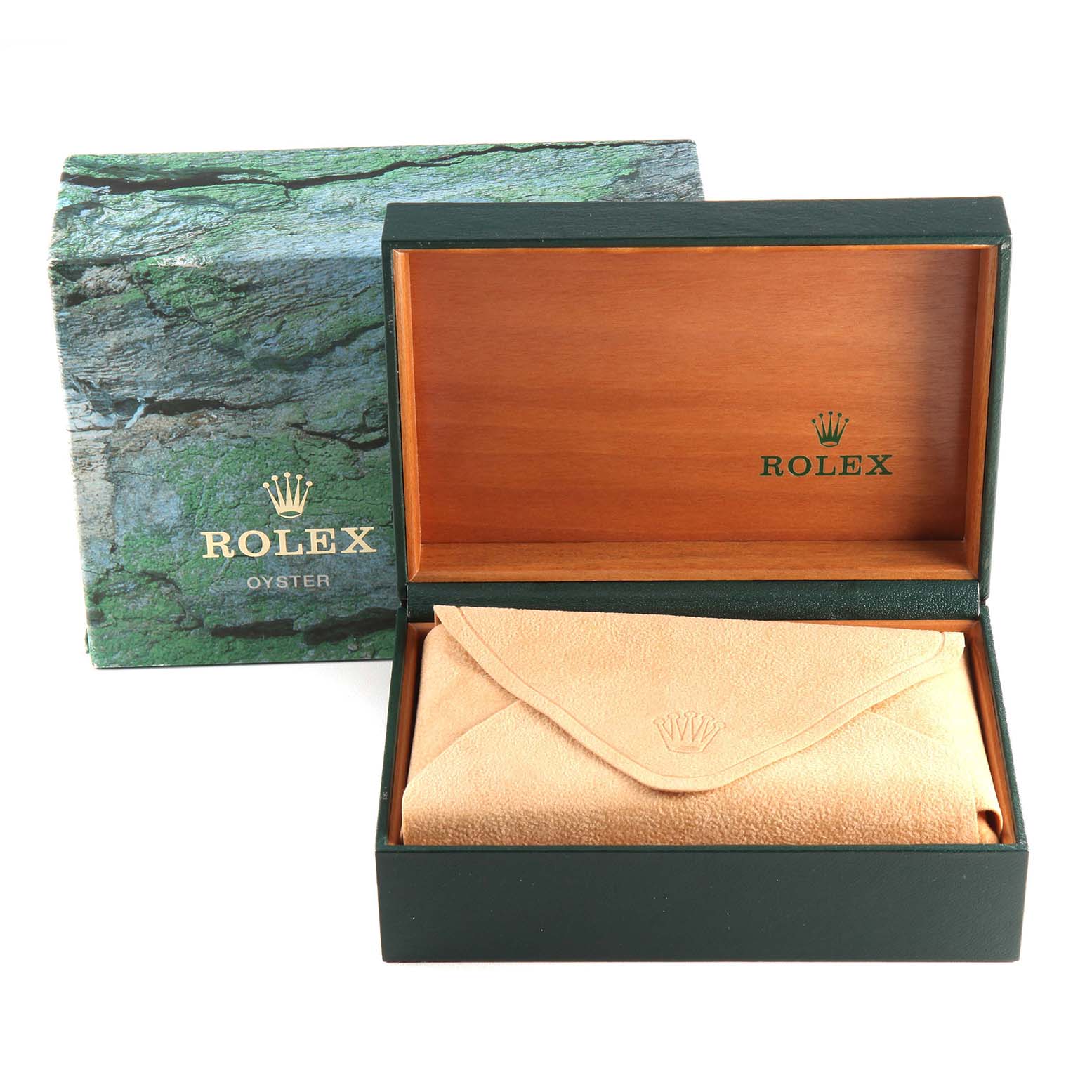 The image shows a Rolex Datejust 16233 Men's Steel and Gold (two tone) Champagne Dial 16233 Men's Steel and Gold (two tone) Champagne Dial watch box, with a green outer box and a wooden interior, containing a beige protective pouch.