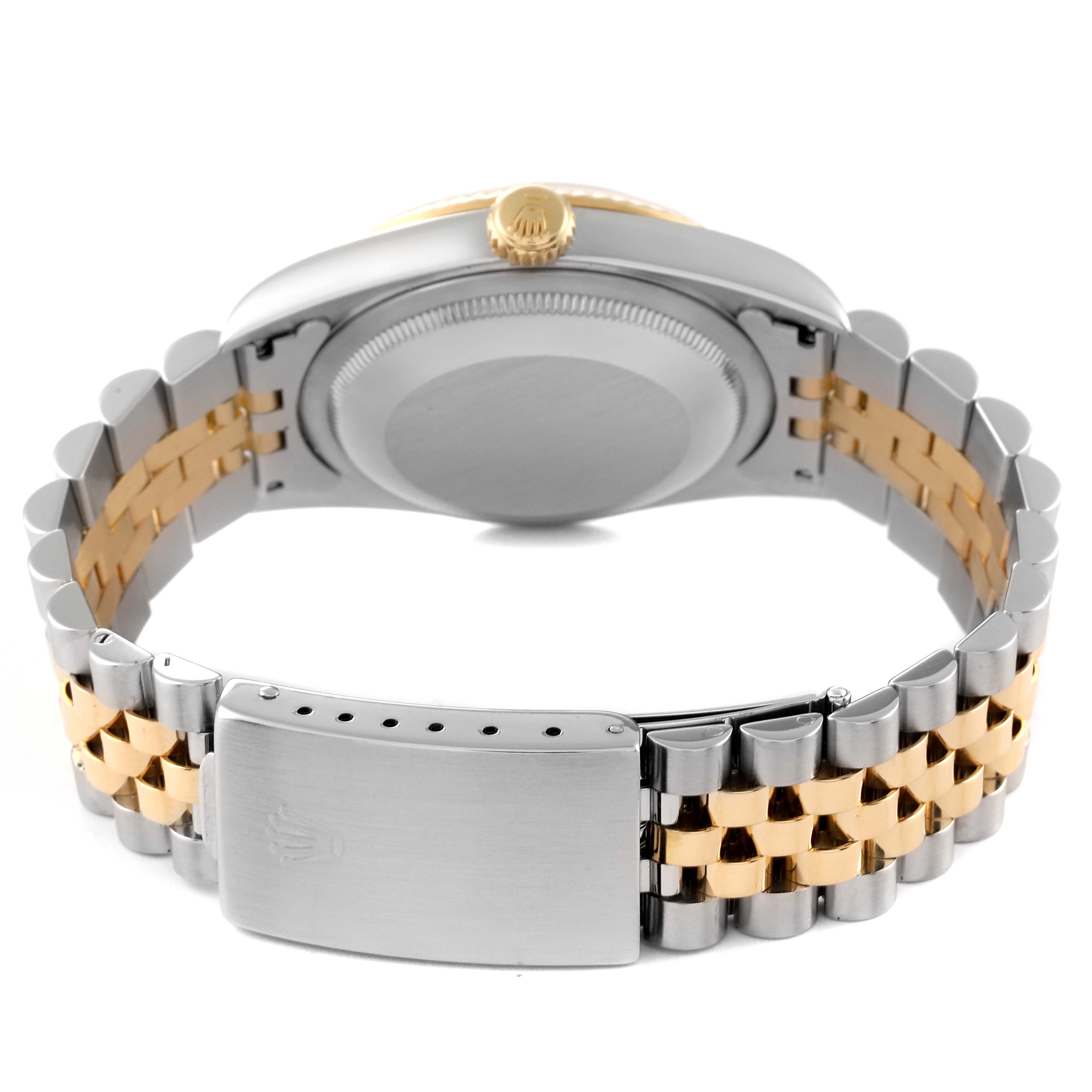 This image shows the back view of the Rolex Datejust 16233 Men's Steel and Gold (two tone) Champagne Dial 16233 Men's Steel and Gold (two tone) Champagne Dial watch, highlighting the clasp, bracelet, and case back.