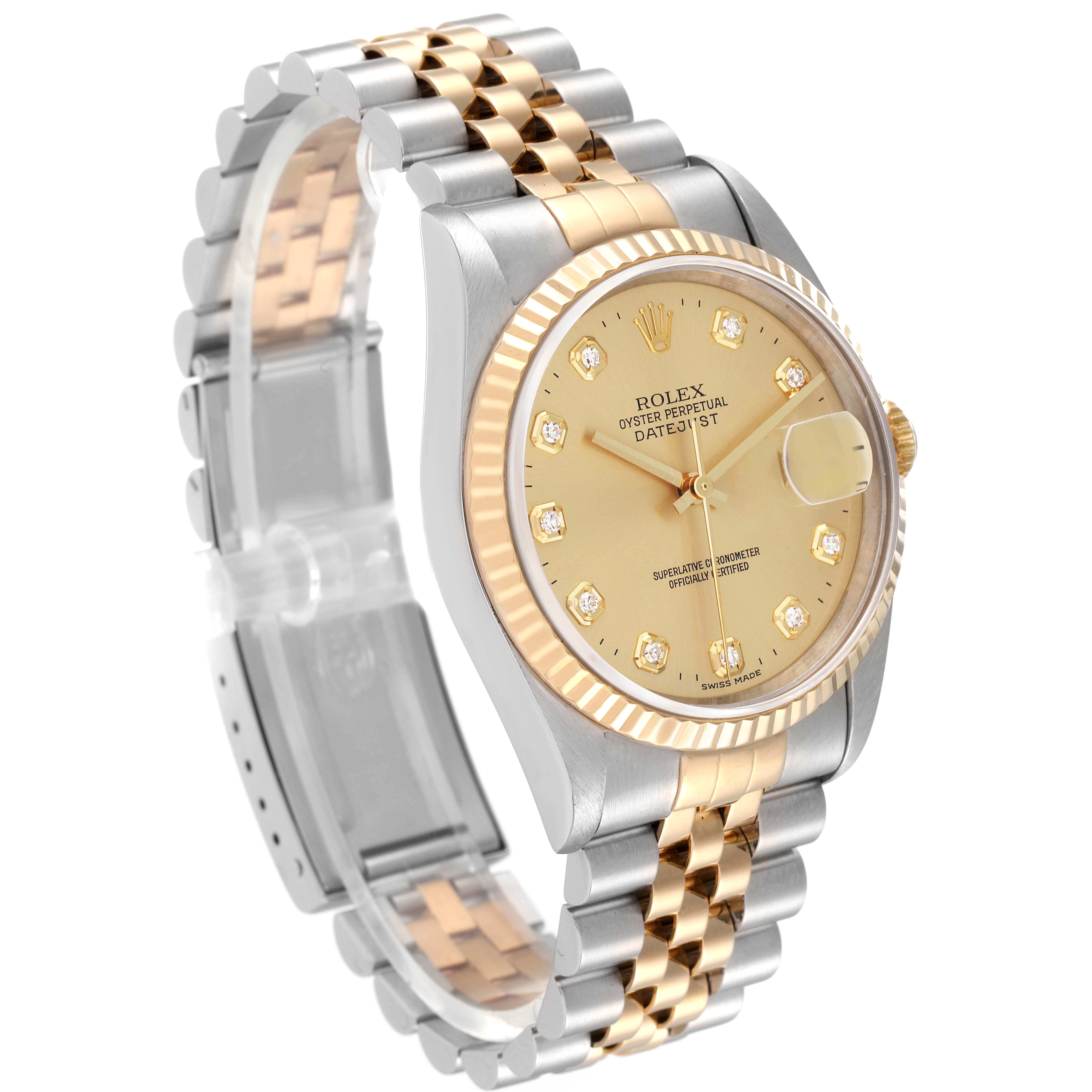 The image shows a Rolex Datejust 16233 Men's Steel and Gold (two tone) Champagne Dial 16233 Men's Steel and Gold (two tone) Champagne Dial watch at an angle that highlights its face, fluted bezel, and two-tone bracelet.