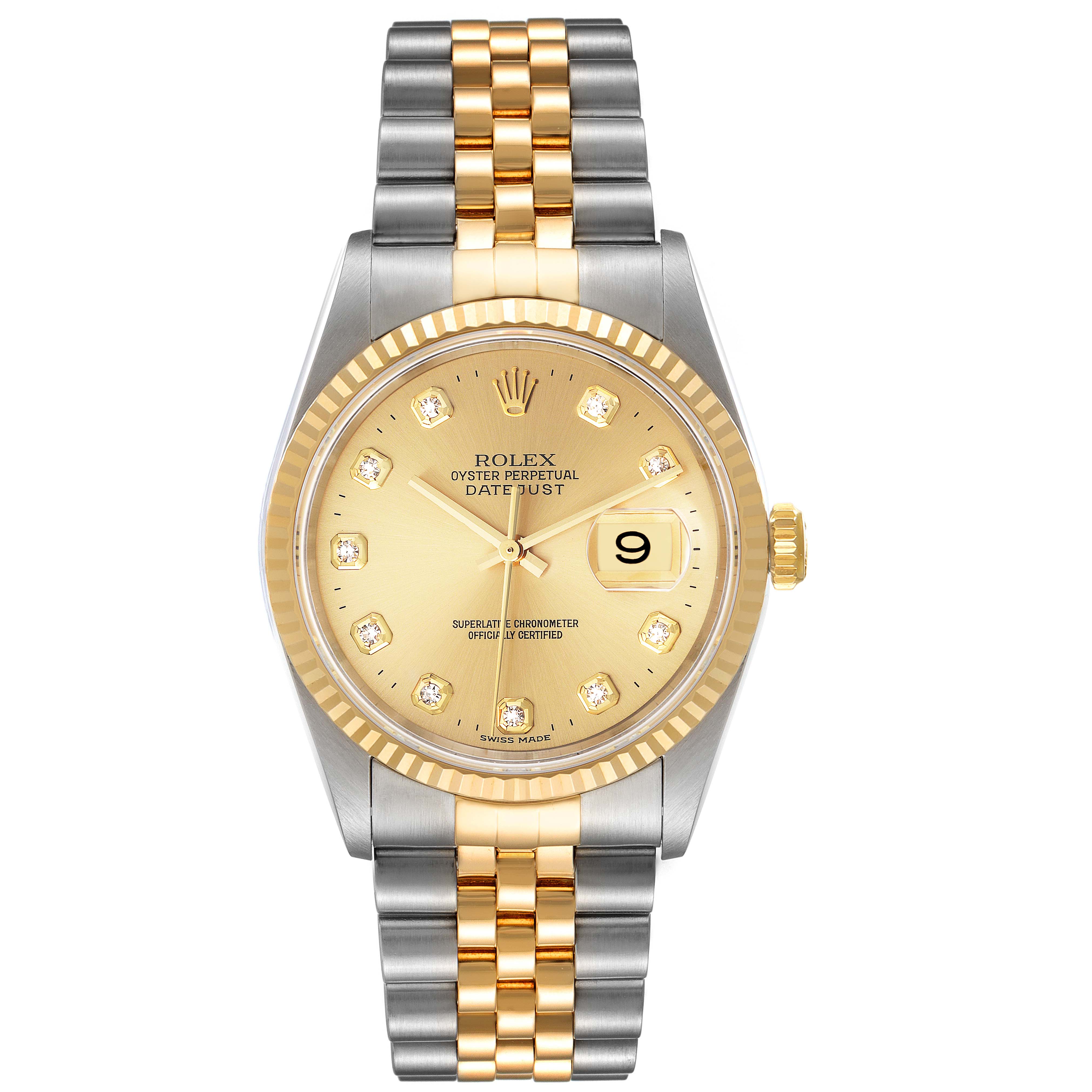 The Rolex Datejust 16233 Men's Steel and Gold (two tone) Champagne Dial 16233 Men's Steel and Gold (two tone) Champagne Dial watch is shown from the front, displaying its gold and silver two-tone bracelet, gold dial, and diamond hour markers.