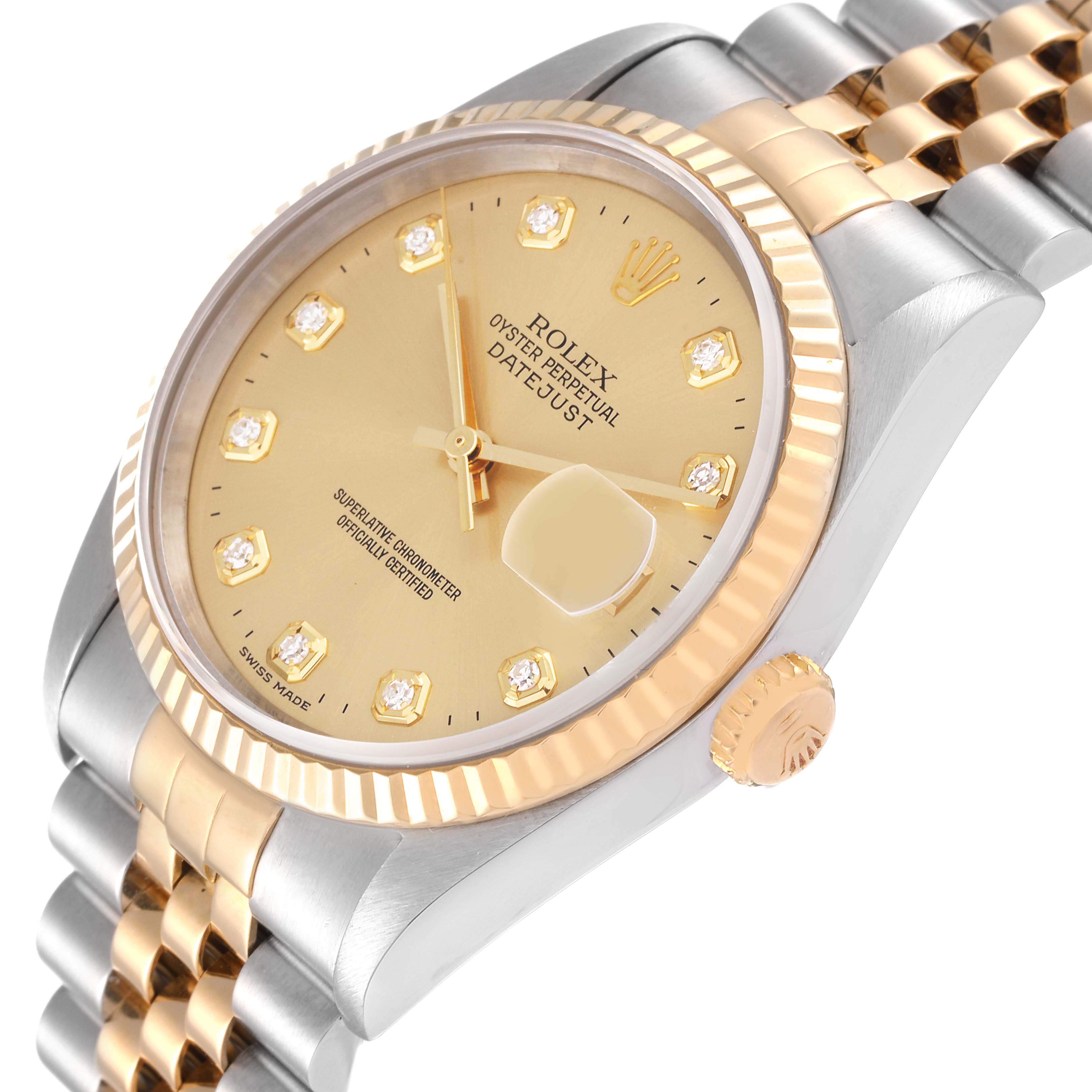 The image shows a Rolex Datejust 16233 Men's Steel and Gold (two tone) Champagne Dial 16233 Men's Steel and Gold (two tone) Champagne Dial watch from an angled view, highlighting its dial, bezel, crown, and bracelet.