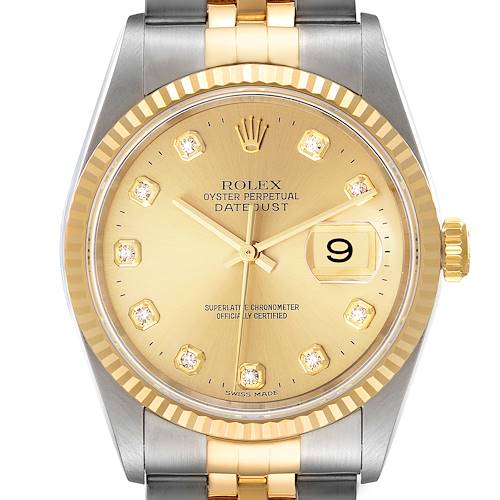 The image shows a close-up of the Rolex Datejust watch face, highlighting the gold dial, fluted bezel, and bracelet.