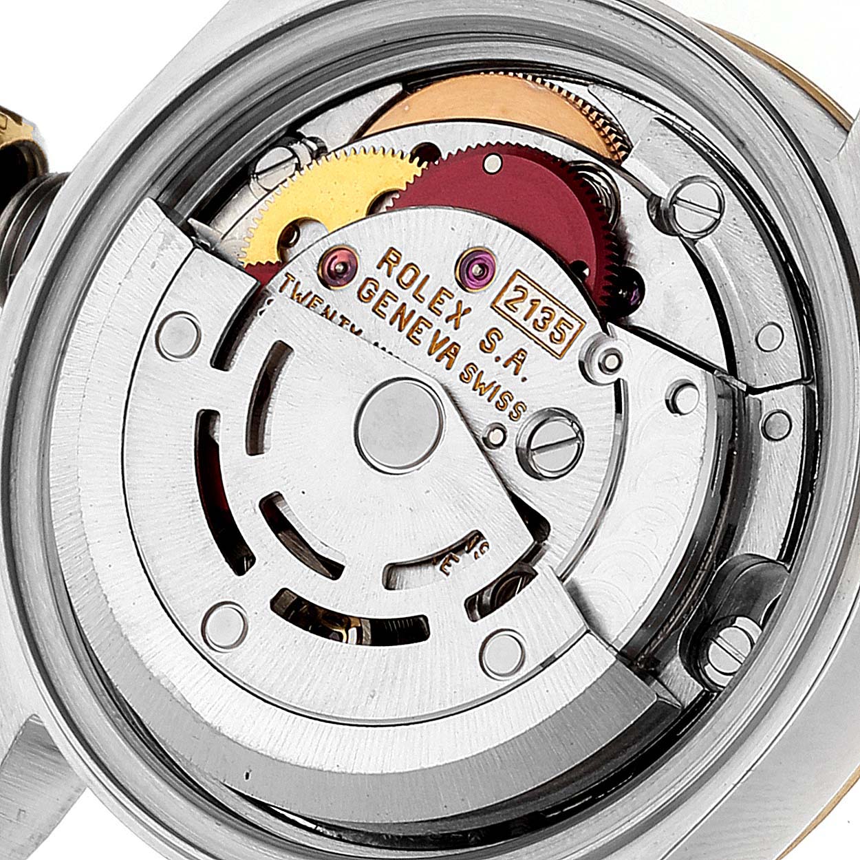 This image shows the Rolex Datejust 69173 Women's Steel and Gold (two tone) Beige Dial 69173 Women's Steel and Gold (two tone) Beige Dial's internal movement components viewed from the back.