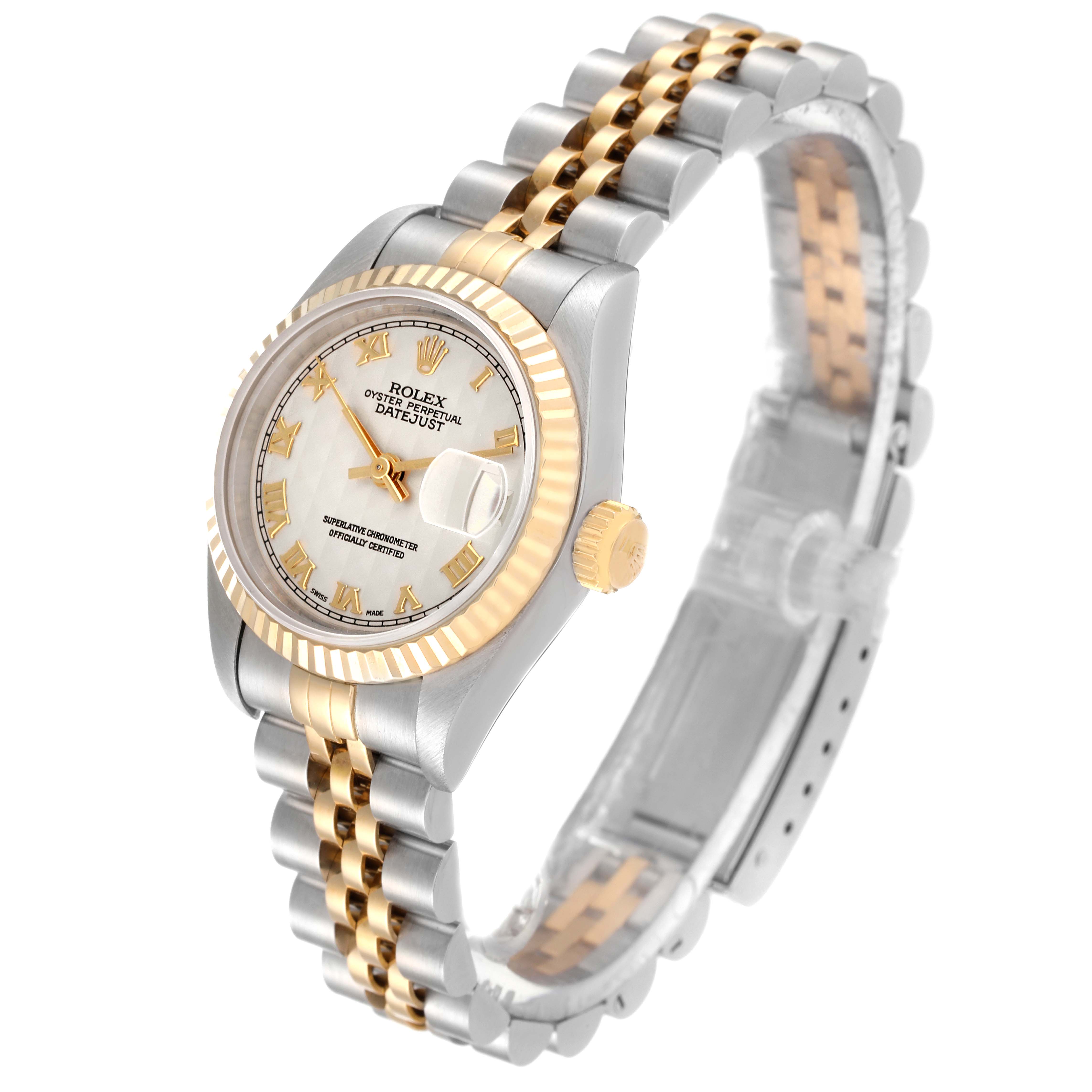 The Rolex Datejust 69173 Women's Steel and Gold (two tone) Beige Dial 69173 Women's Steel and Gold (two tone) Beige Dial watch is shown at an angled view, highlighting its gold and silver bracelet, dial, and crown.