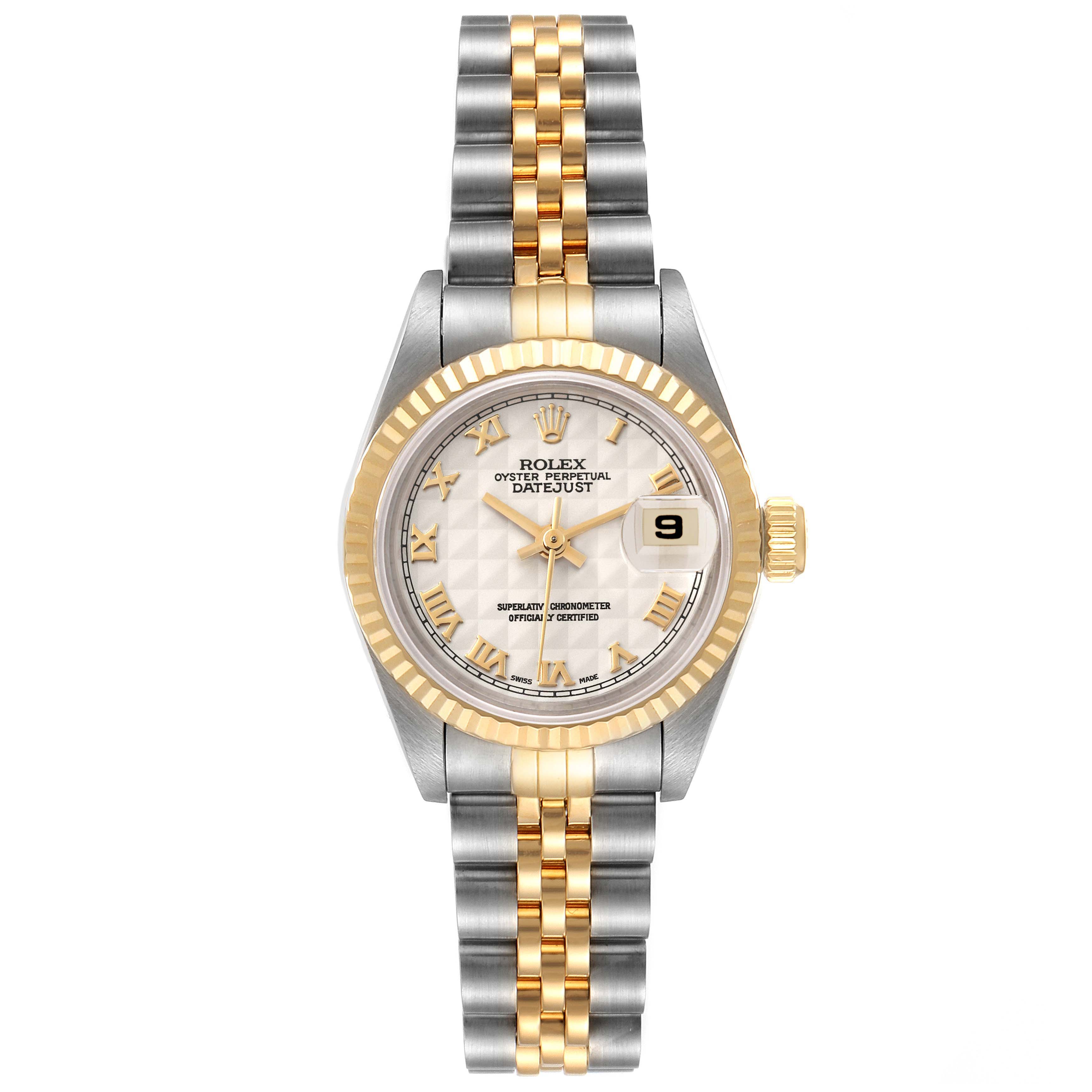 This Rolex Datejust 69173 Women's Steel and Gold (two tone) Beige Dial 69173 Women's Steel and Gold (two tone) Beige Dial watch is photographed from a top-down angle, showing the dial, bezel, crown, and full bracelet.