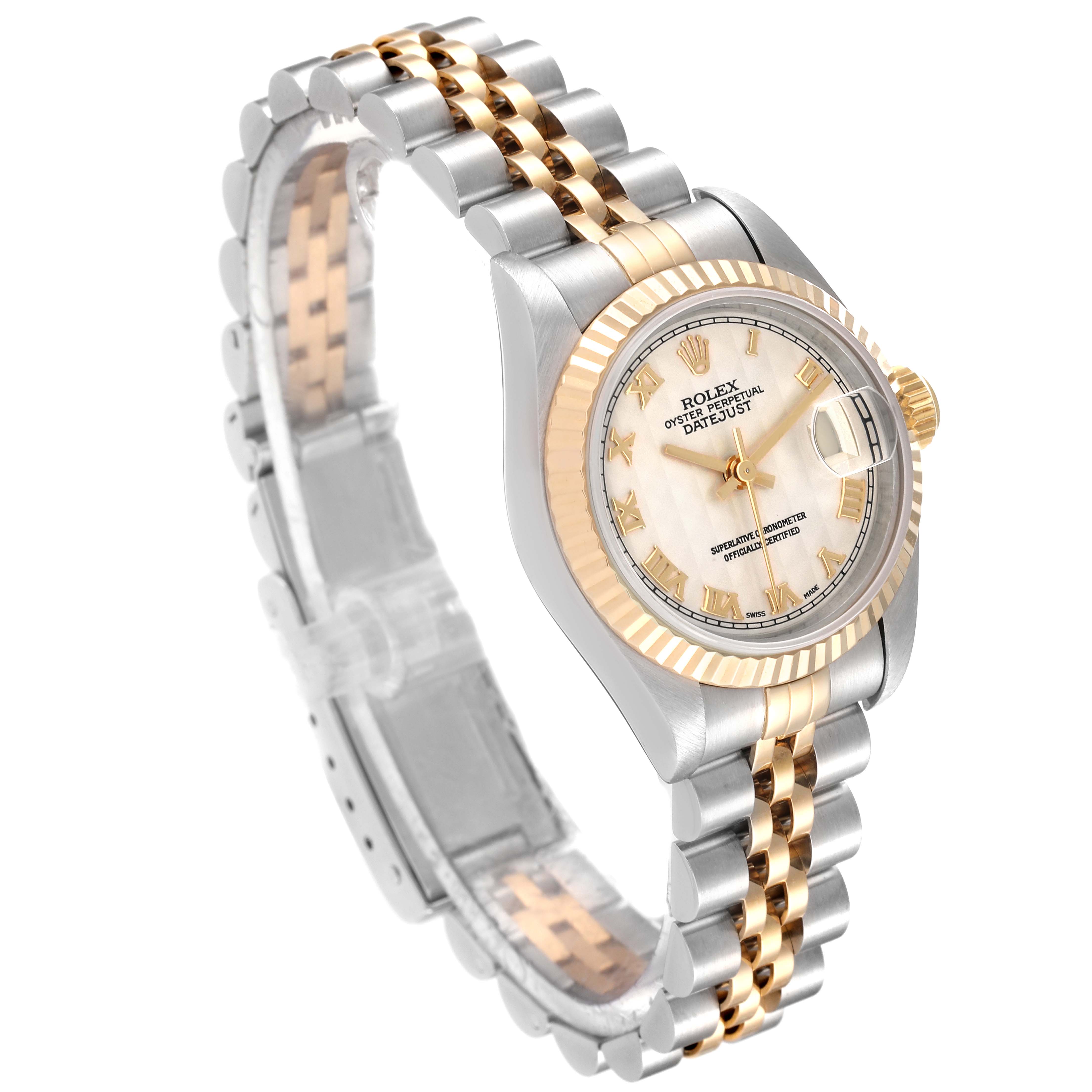 This image shows a Rolex Datejust 69173 Women's Steel and Gold (two tone) Beige Dial 69173 Women's Steel and Gold (two tone) Beige Dial watch from an angled side view, highlighting its two-tone metal bracelet and fluted bezel.
