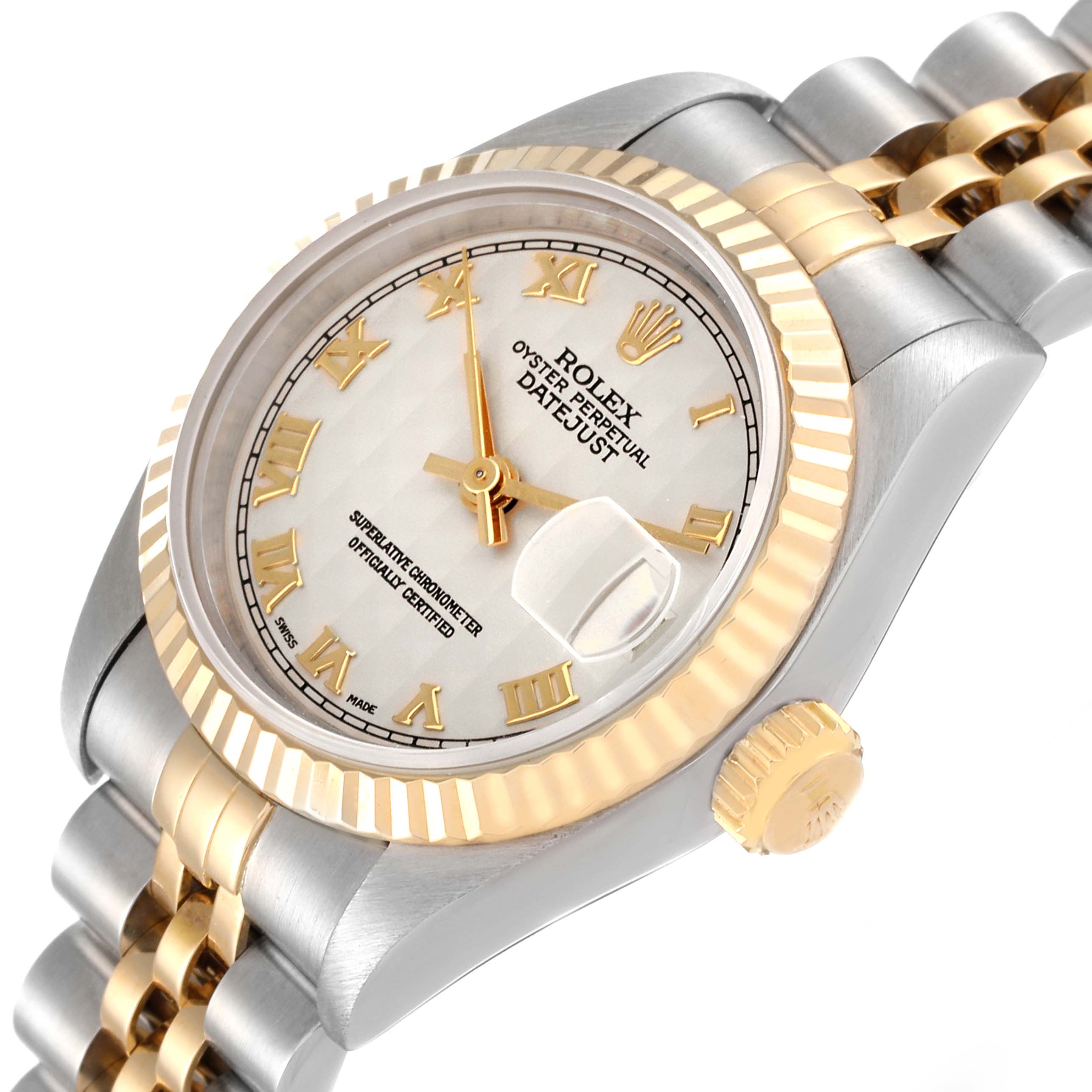 This image shows the Rolex Datejust 69173 Women's Steel and Gold (two tone) Beige Dial 69173 Women's Steel and Gold (two tone) Beige Dial watch at a tilted angle, highlighting its dial, bezel, crown, and bracelet.