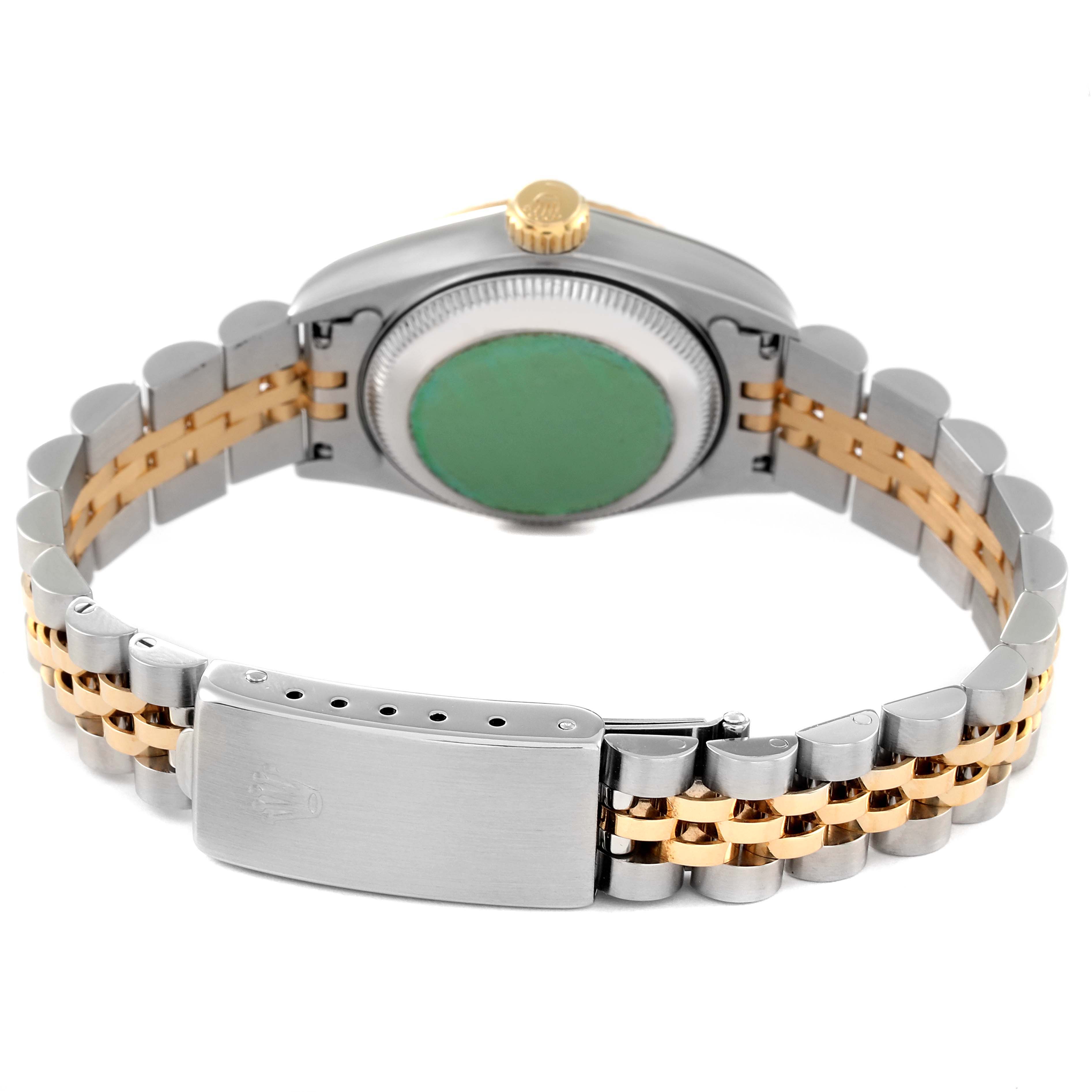 The image shows the back view of a Rolex Datejust 69173 Women's Steel and Gold (two tone) Beige Dial 69173 Women's Steel and Gold (two tone) Beige Dial watch, highlighting its clasp, bracelet, and case back.